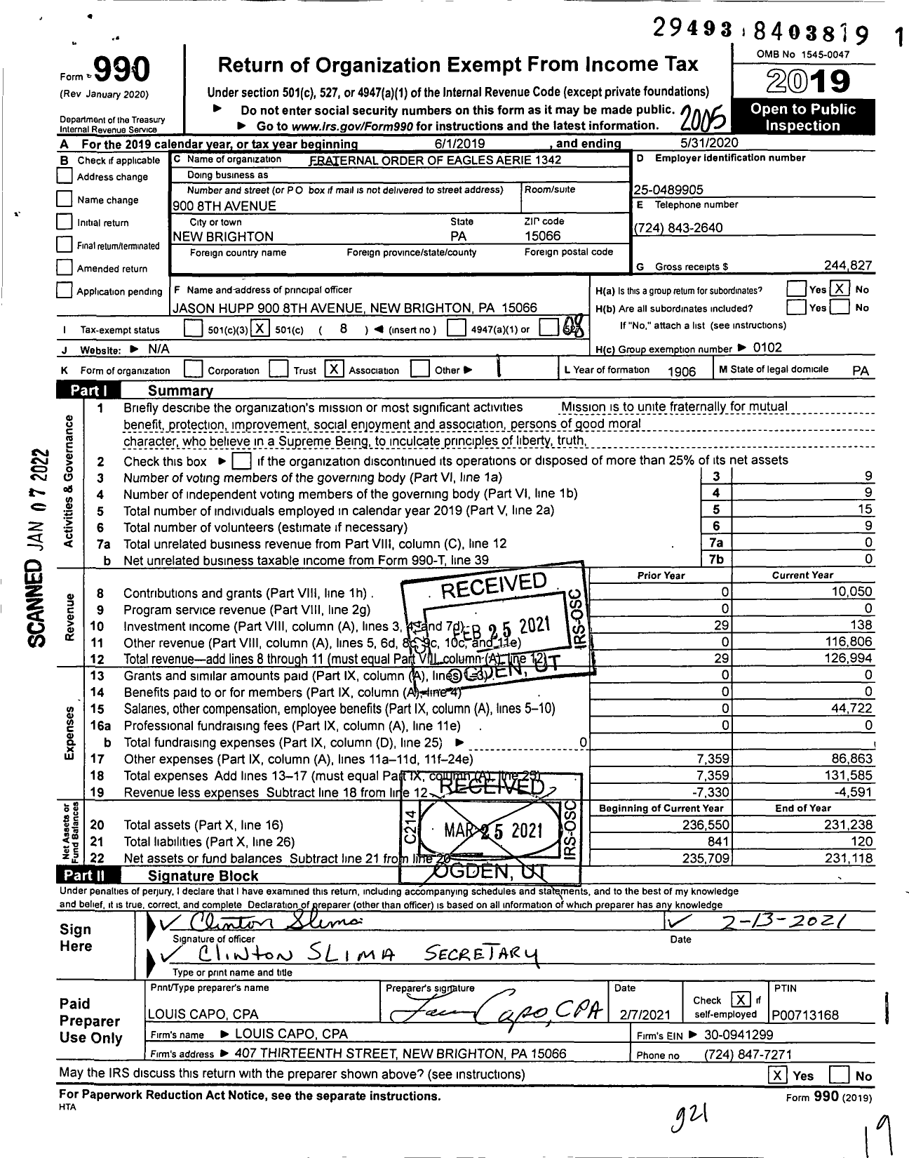 Image of first page of 2019 Form 990O for Fraternal Order of Eagles - 1342 Aerie