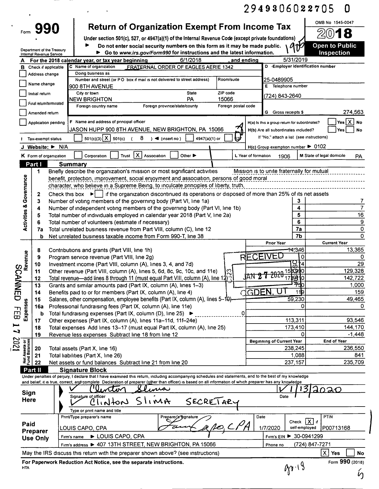 Image of first page of 2018 Form 990O for Fraternal Order of Eagles - 1342 Aerie