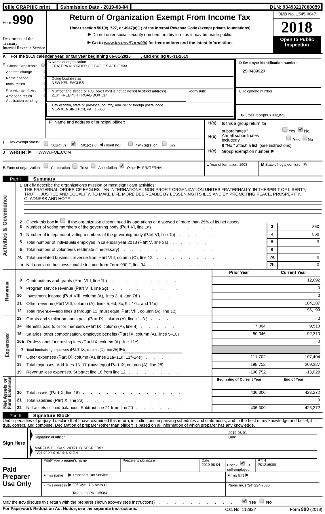 Image of first page of 2018 Form 990 for Fraternal Order of Eagles - New Ken Eagles