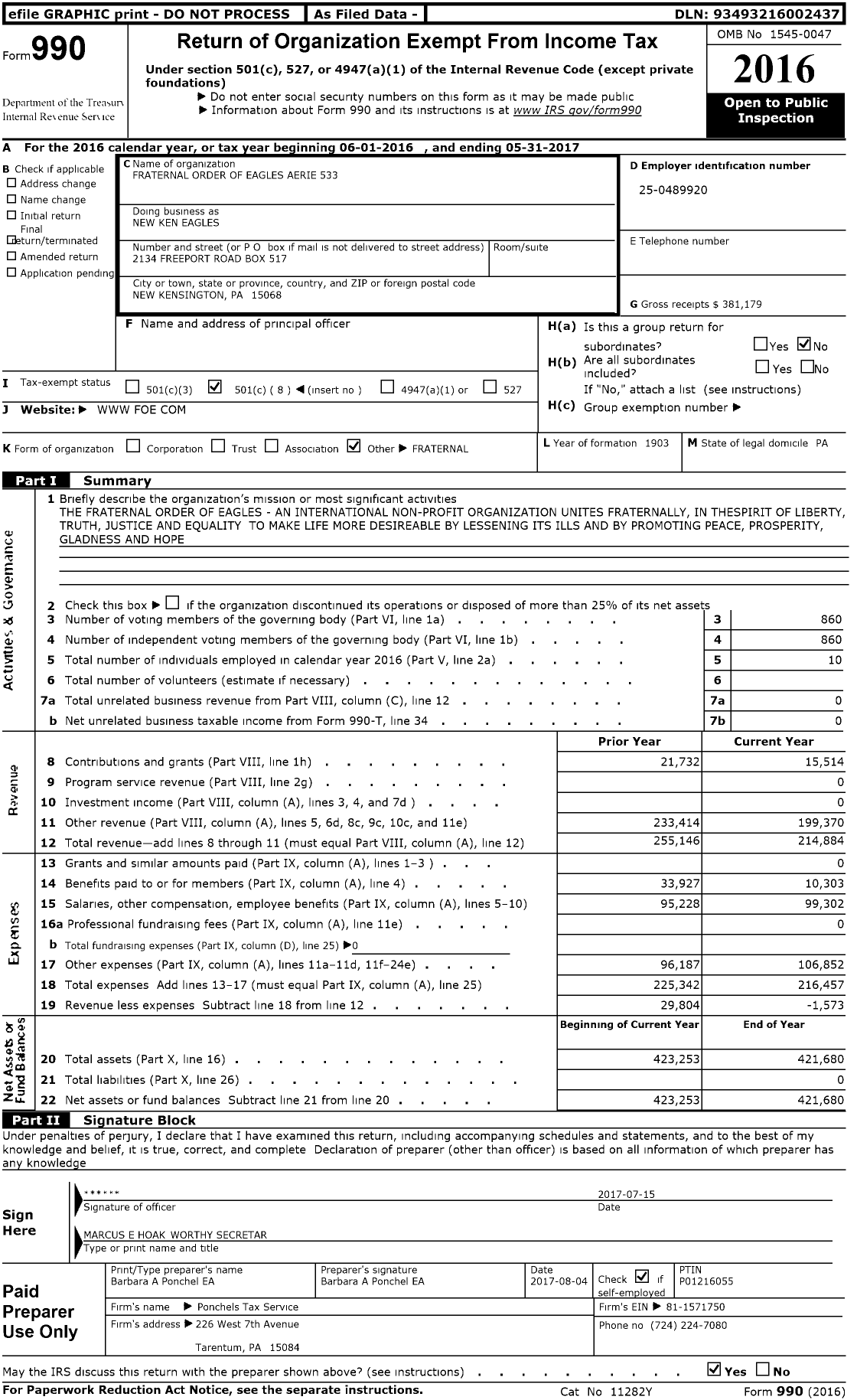 Image of first page of 2016 Form 990O for Fraternal Order of Eagles - New Ken Eagles