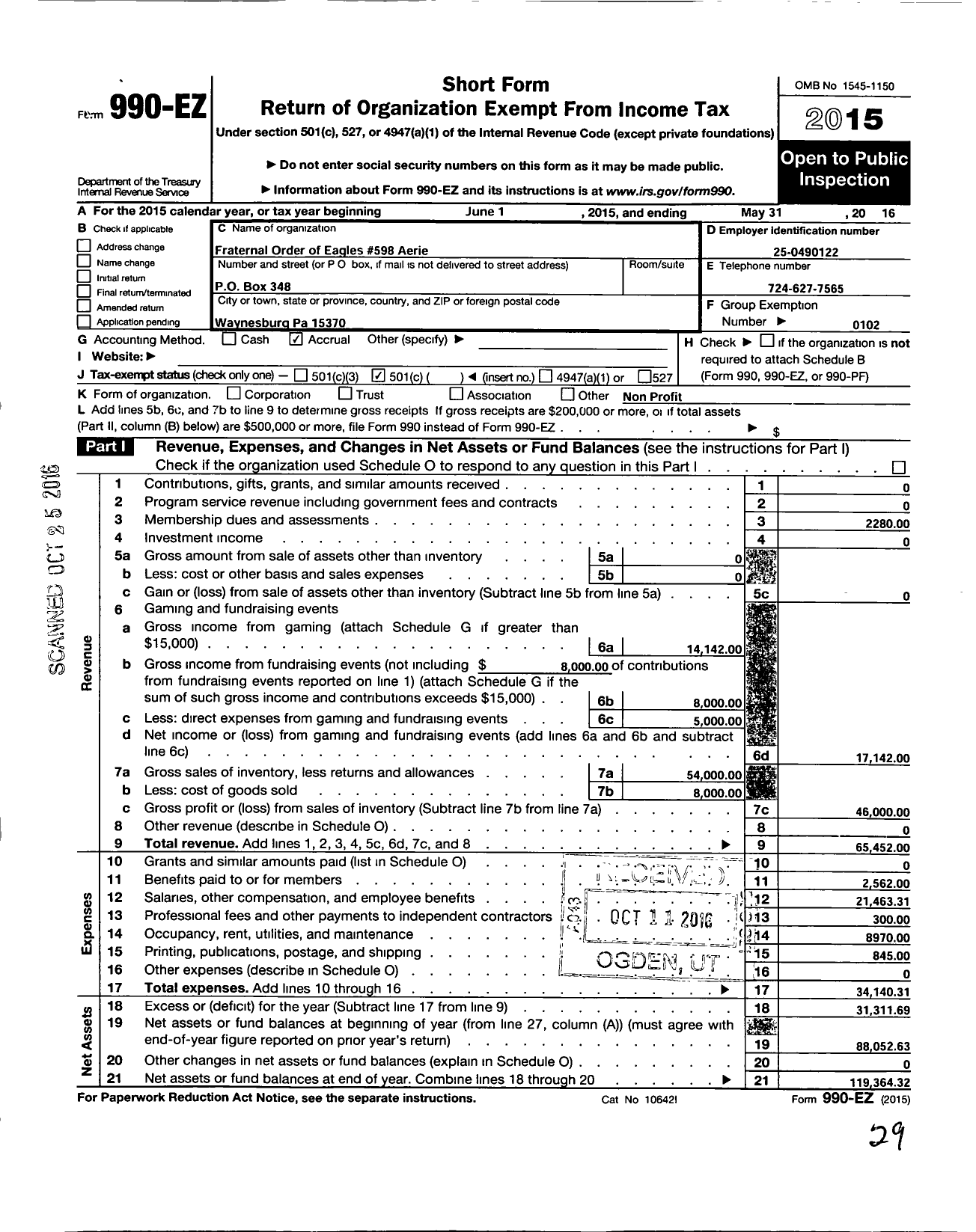 Image of first page of 2015 Form 990EO for Fraternal Order of Eagles - 598 Aerie