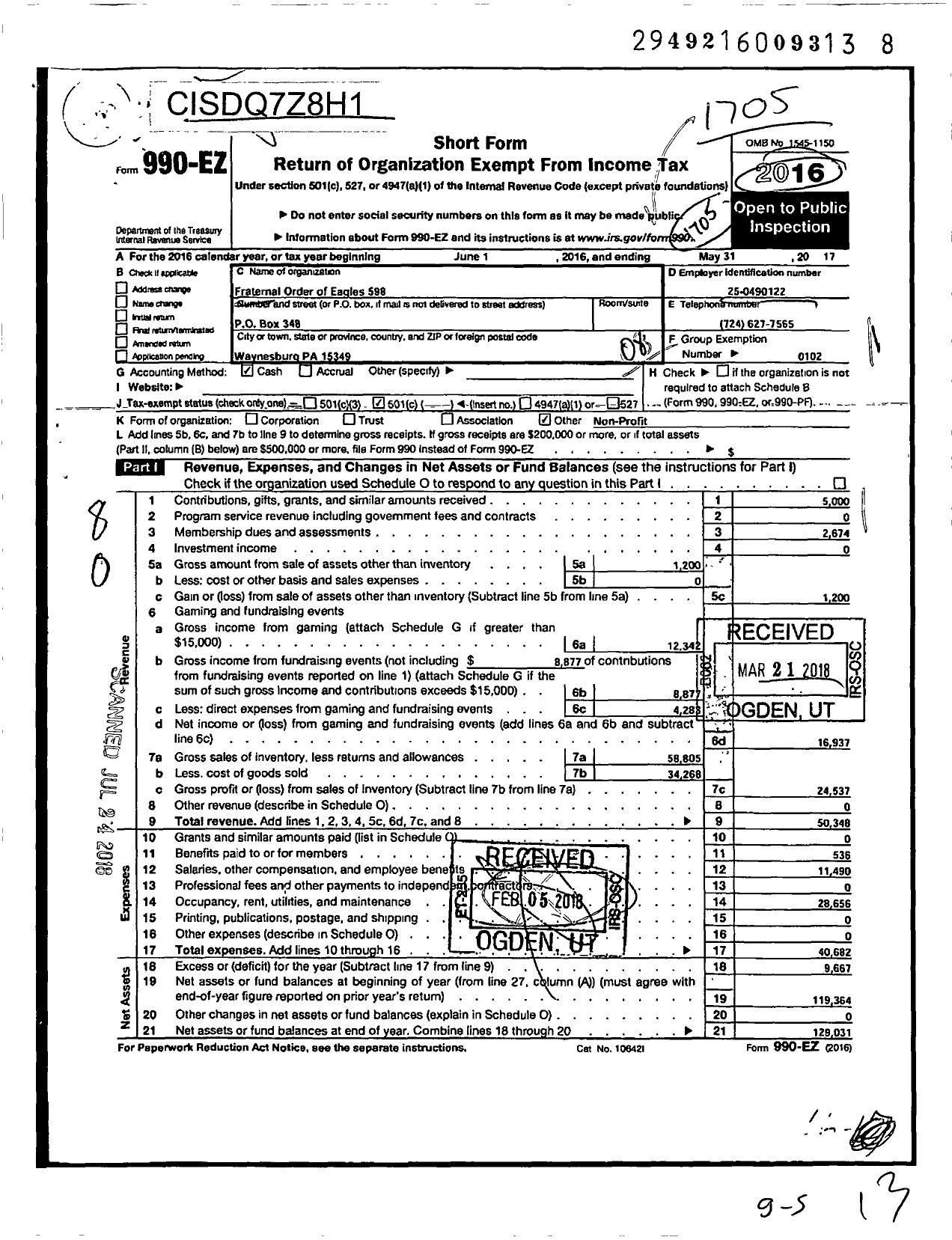 Image of first page of 2016 Form 990EO for Fraternal Order of Eagles - 598 Aerie