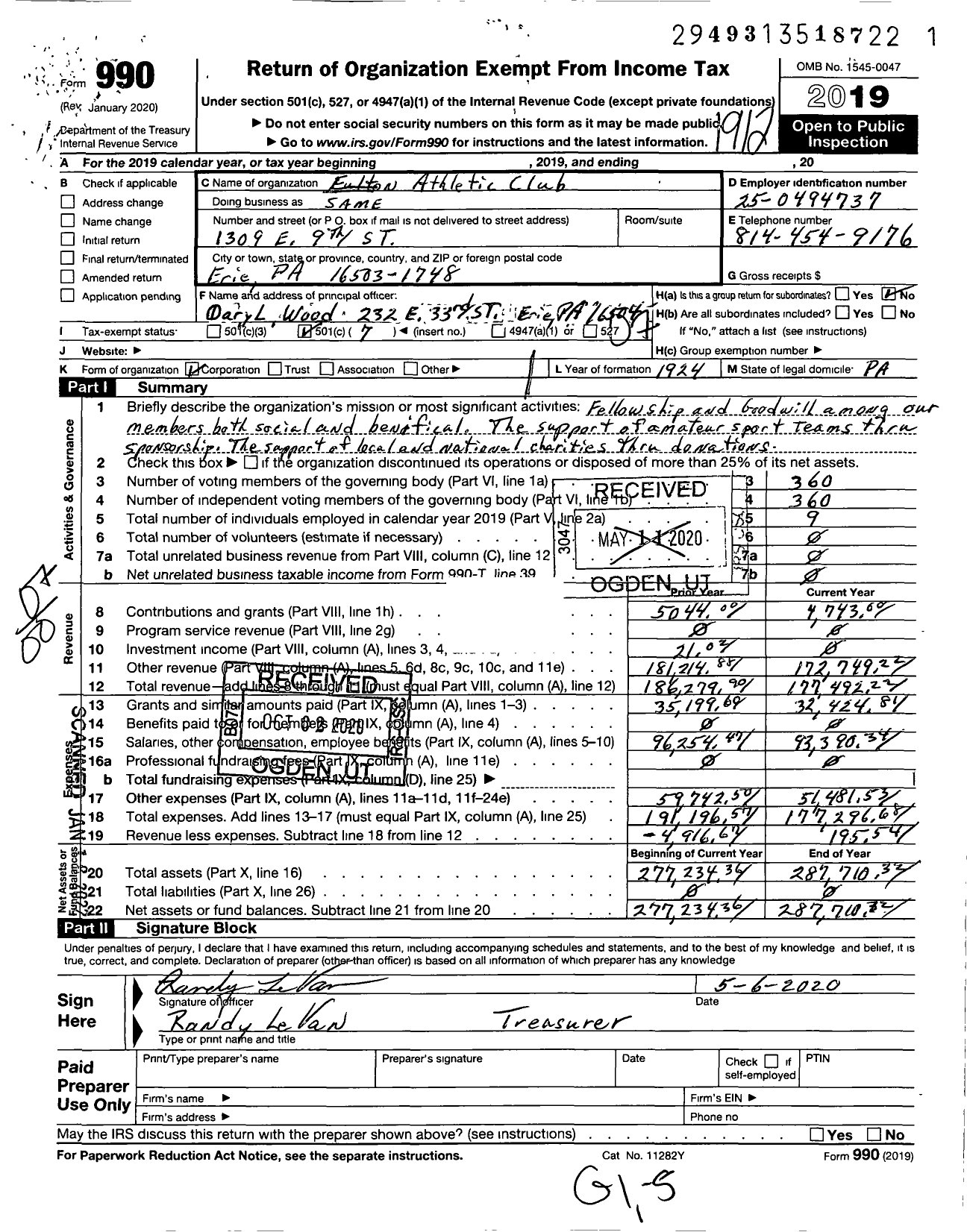Image of first page of 2019 Form 990O for Fulton Athletic Club