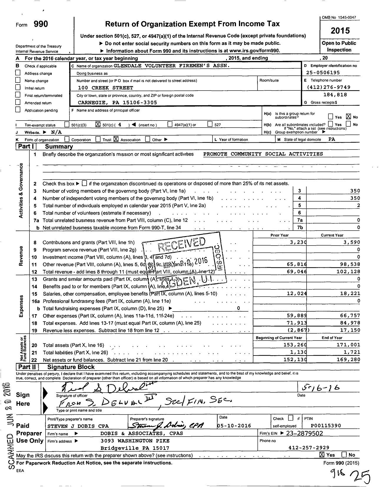 Image of first page of 2015 Form 990O for Glendale Volunteer Firemens Association