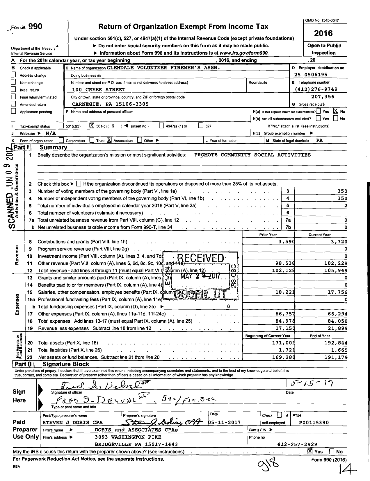 Image of first page of 2016 Form 990O for Glendale Volunteer Firemens Association