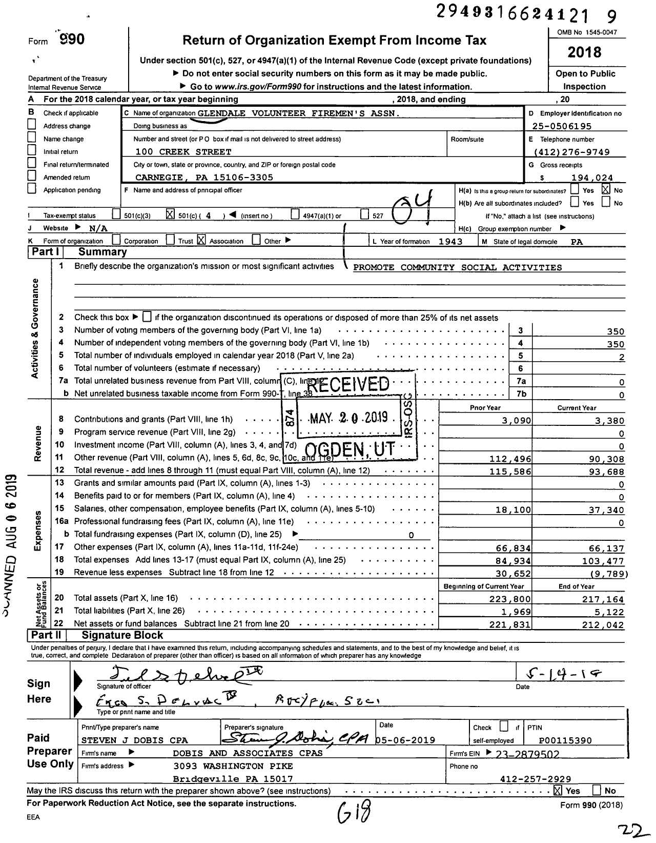 Image of first page of 2018 Form 990O for Glendale Volunteer Firemens Association