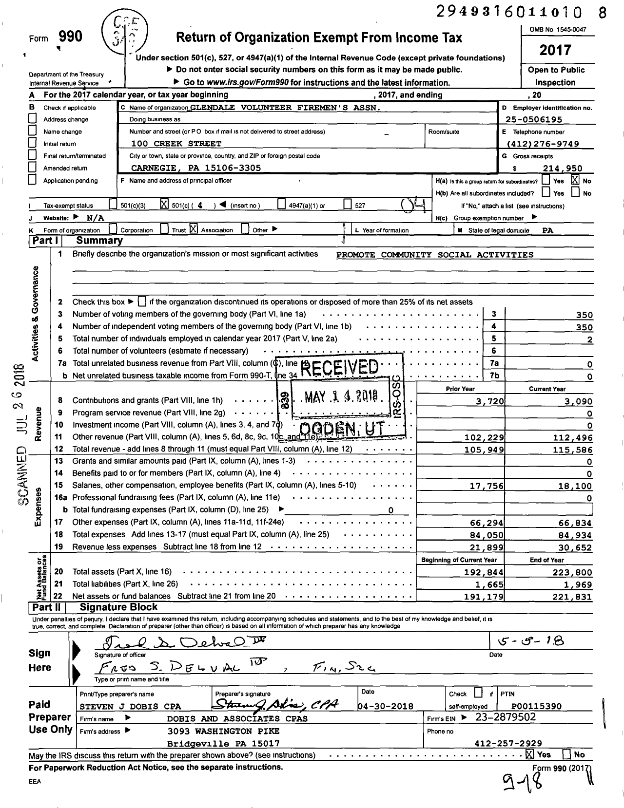 Image of first page of 2017 Form 990O for Glendale Volunteer Firemens Association