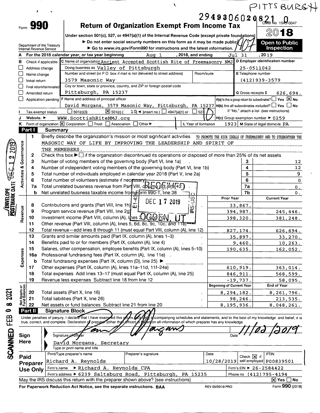 Image of first page of 2018 Form 990O for Scottish Rite, NMJ - Valley of Pittsburgh