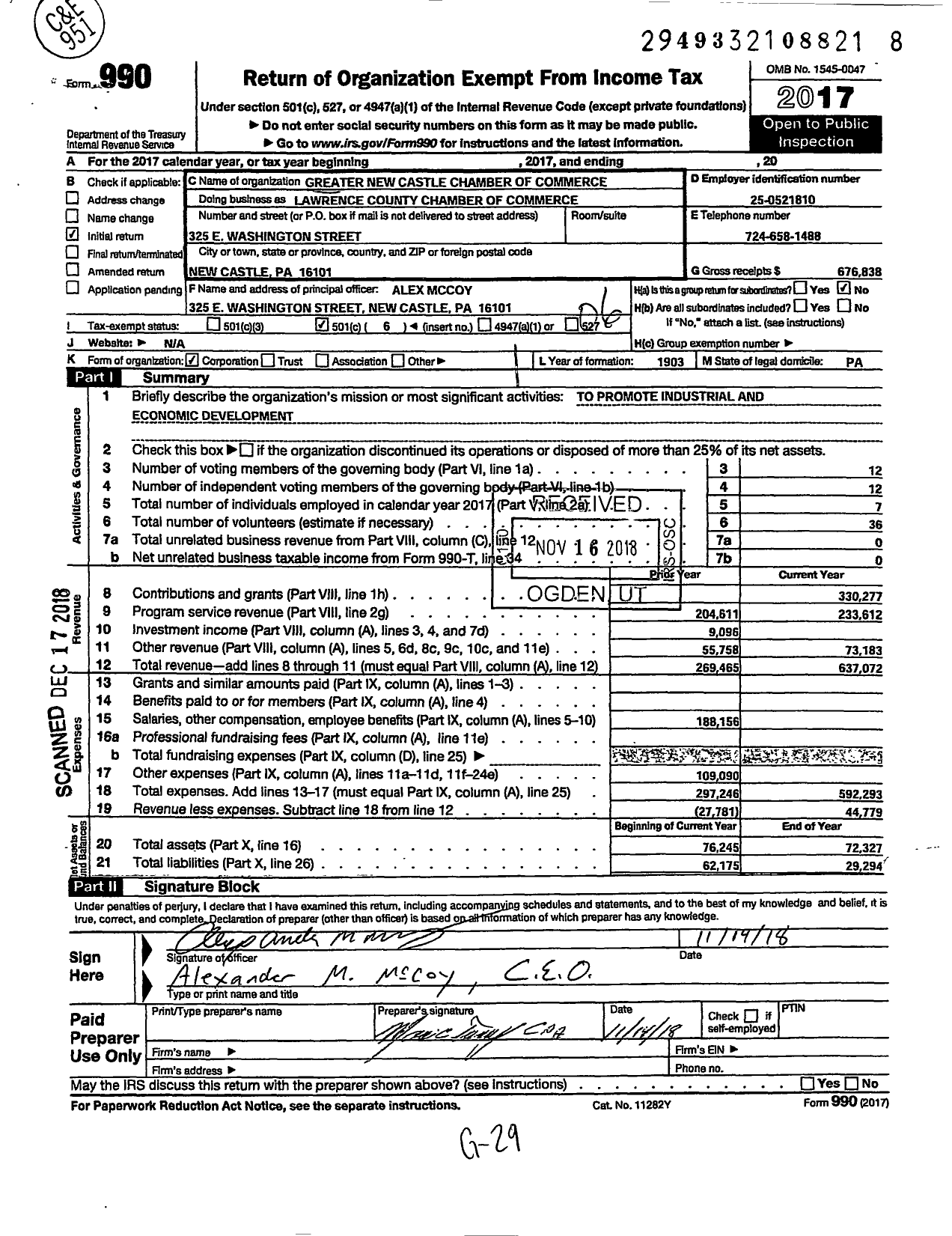 Image of first page of 2017 Form 990O for Lawrence County Chamber of Commerce / Greater New Castle Chamber of Commerce