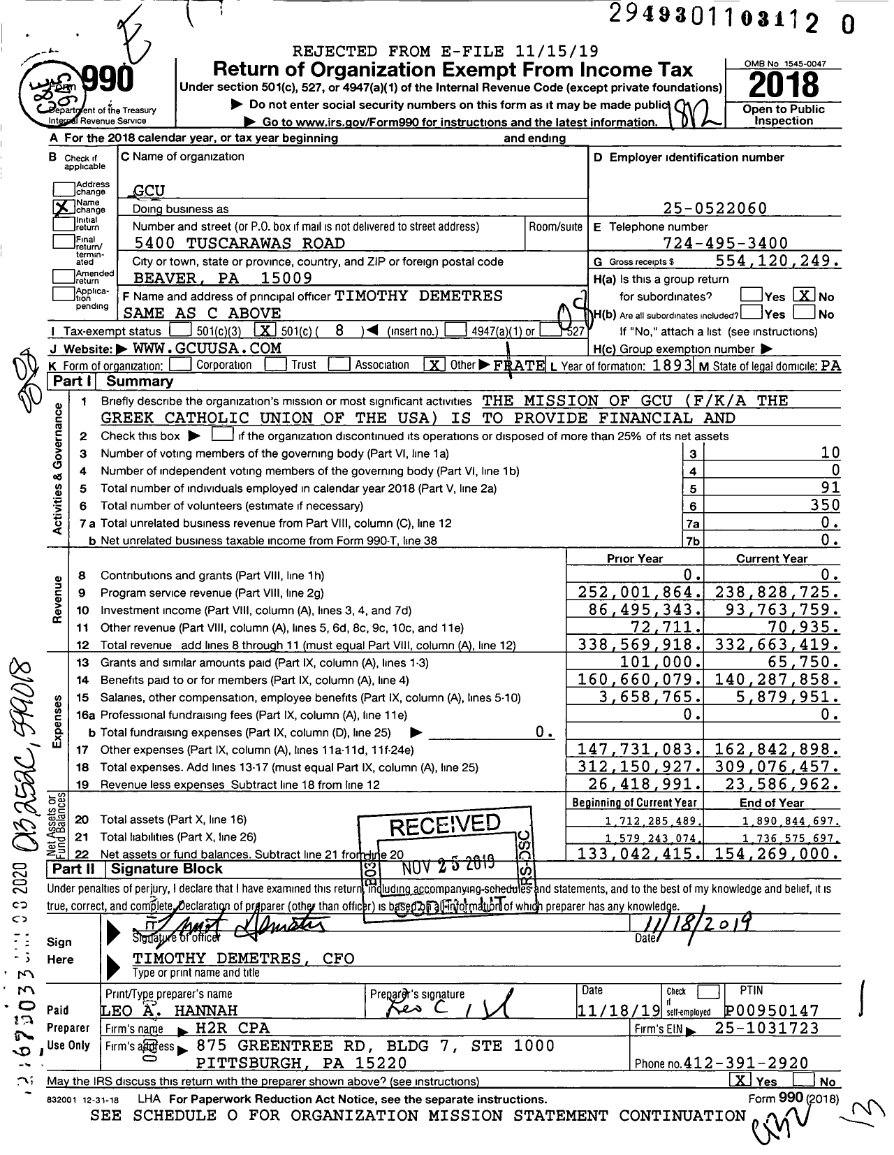 Image of first page of 2018 Form 990O for Greek Catholic Union of the USA (GCU)
