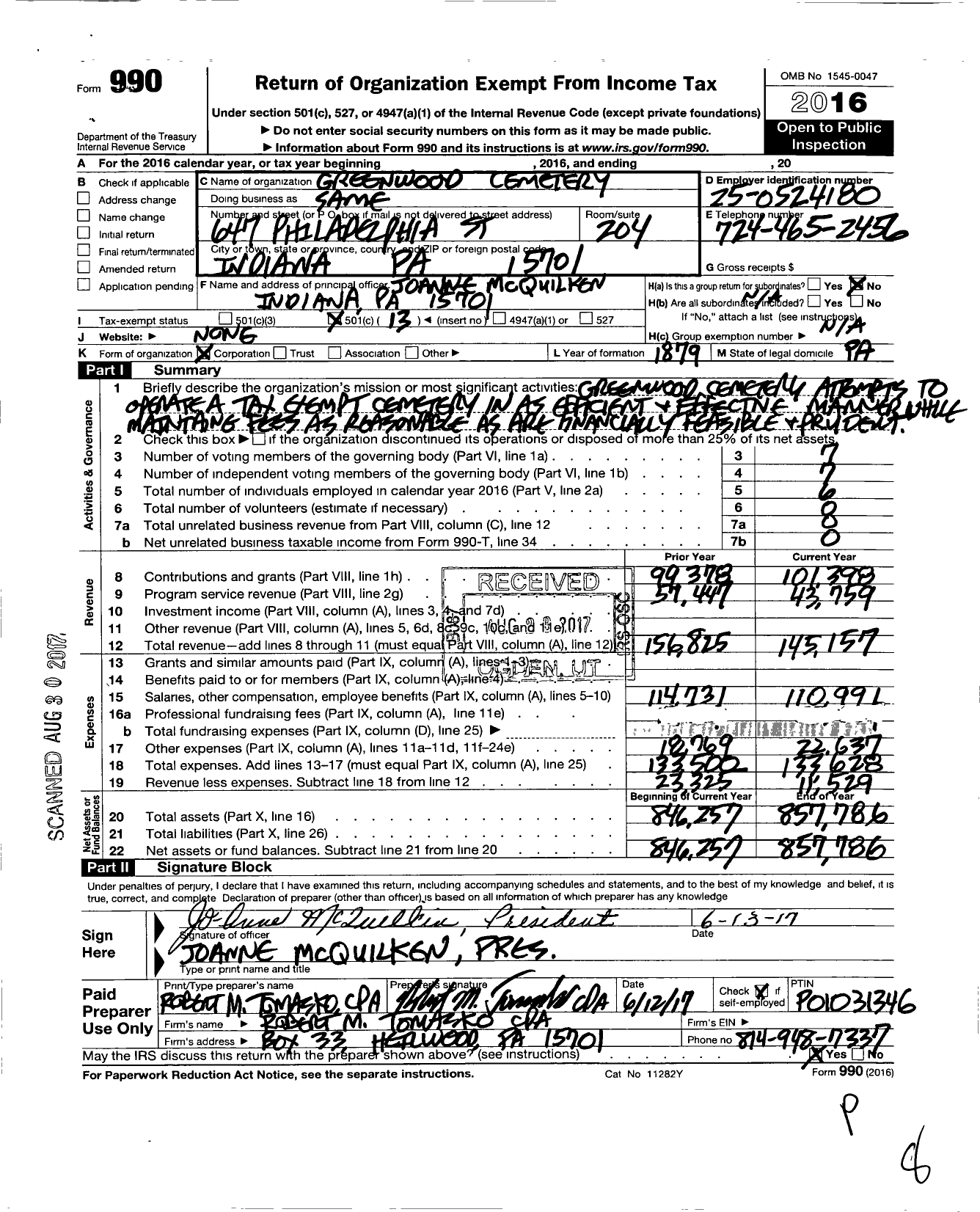 Image of first page of 2016 Form 990O for The Greenwood Cemetery