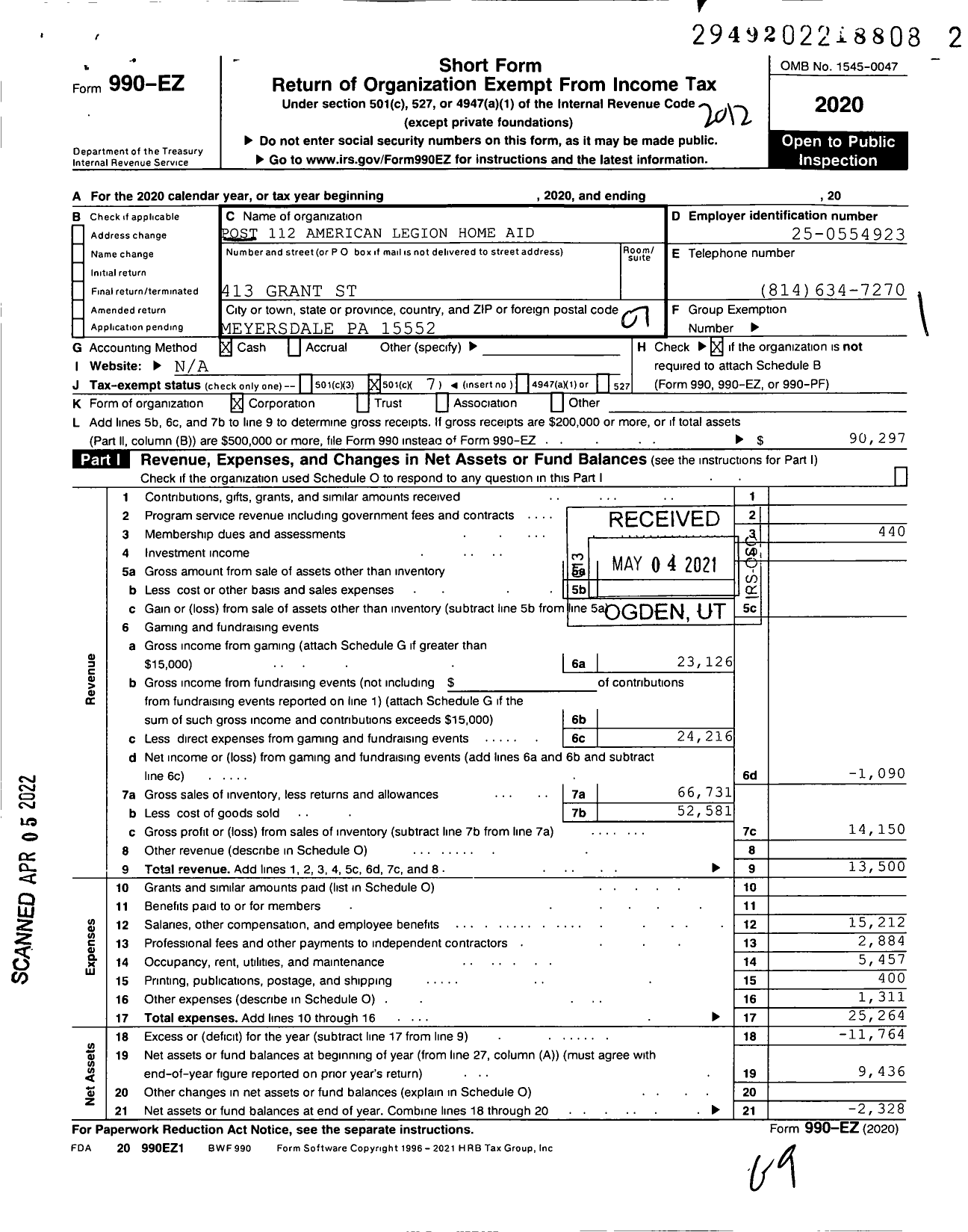 Image of first page of 2020 Form 990EO for American Legion - 112 Post American Legion Home Aid