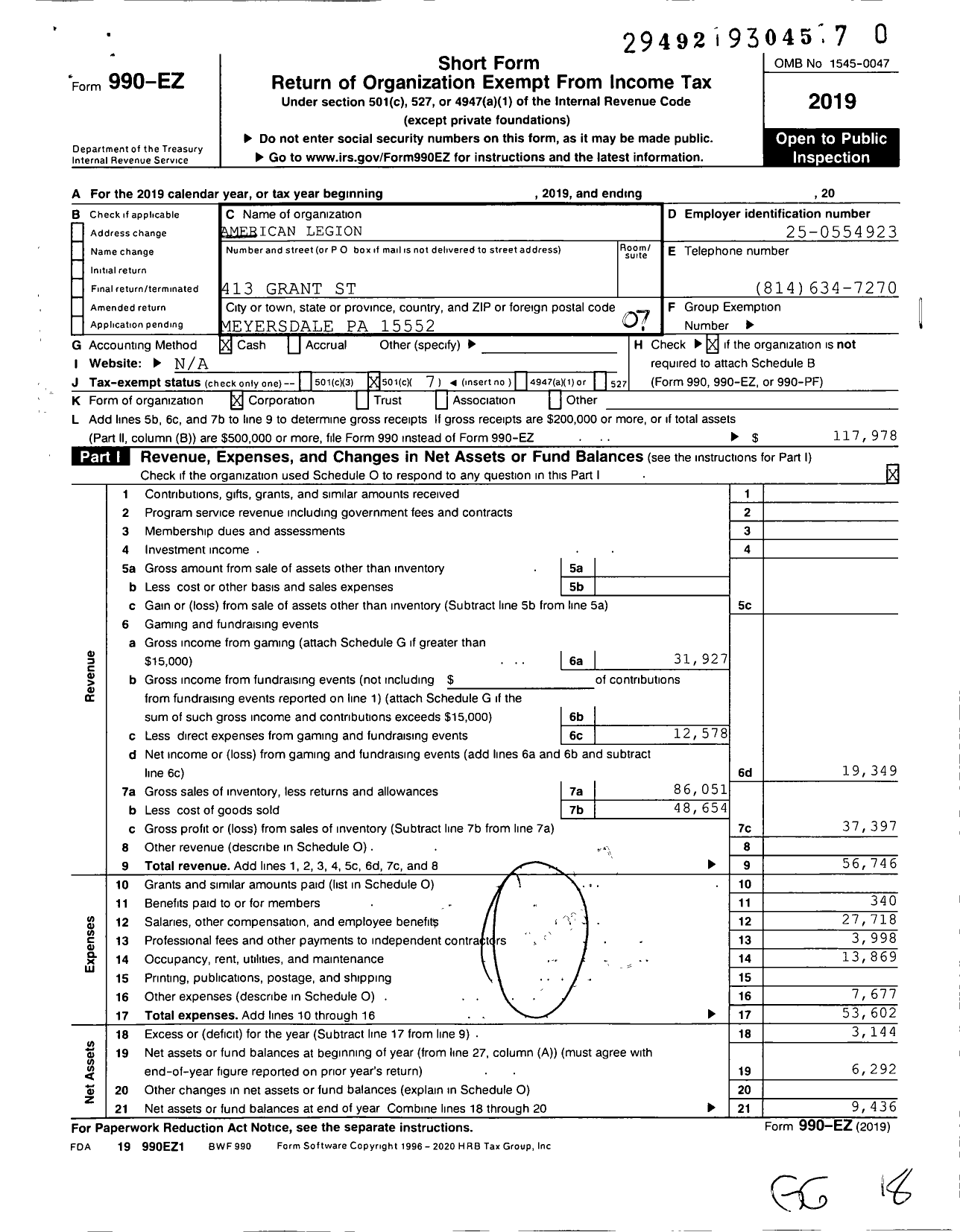 Image of first page of 2019 Form 990EO for American Legion - 112 Post American Legion Home Aid