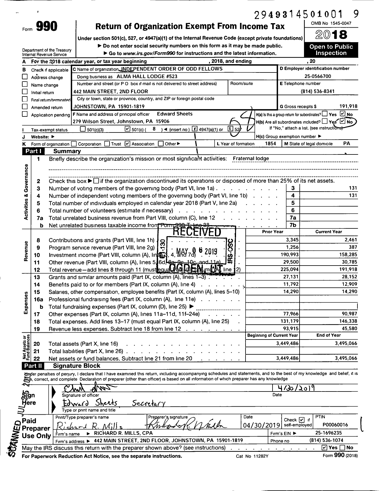 Image of first page of 2018 Form 990O for Independent Order of Odd Fellows / Alma Lodge 523