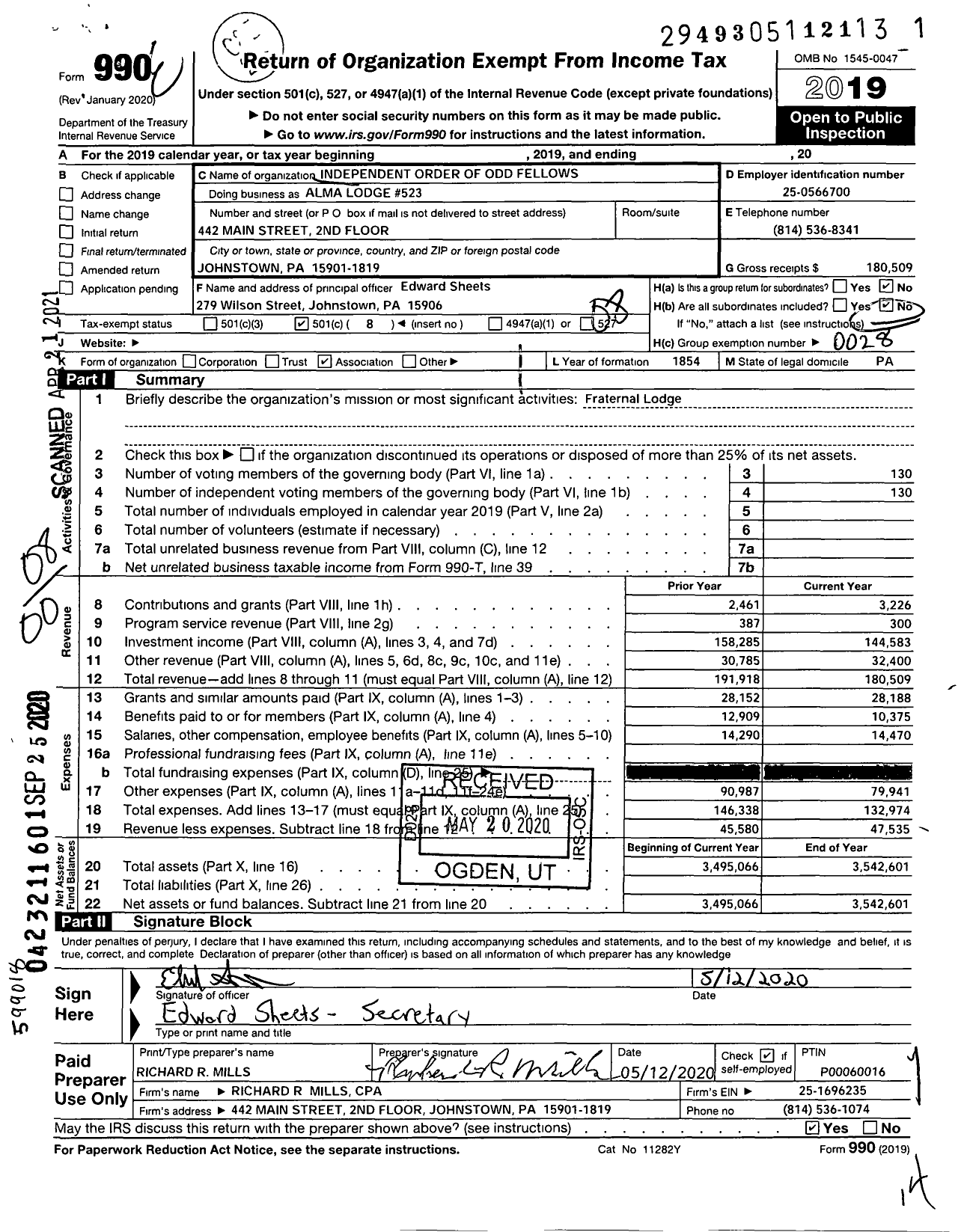 Image of first page of 2019 Form 990O for Independent Order of Odd Fellows / Alma Lodge 523