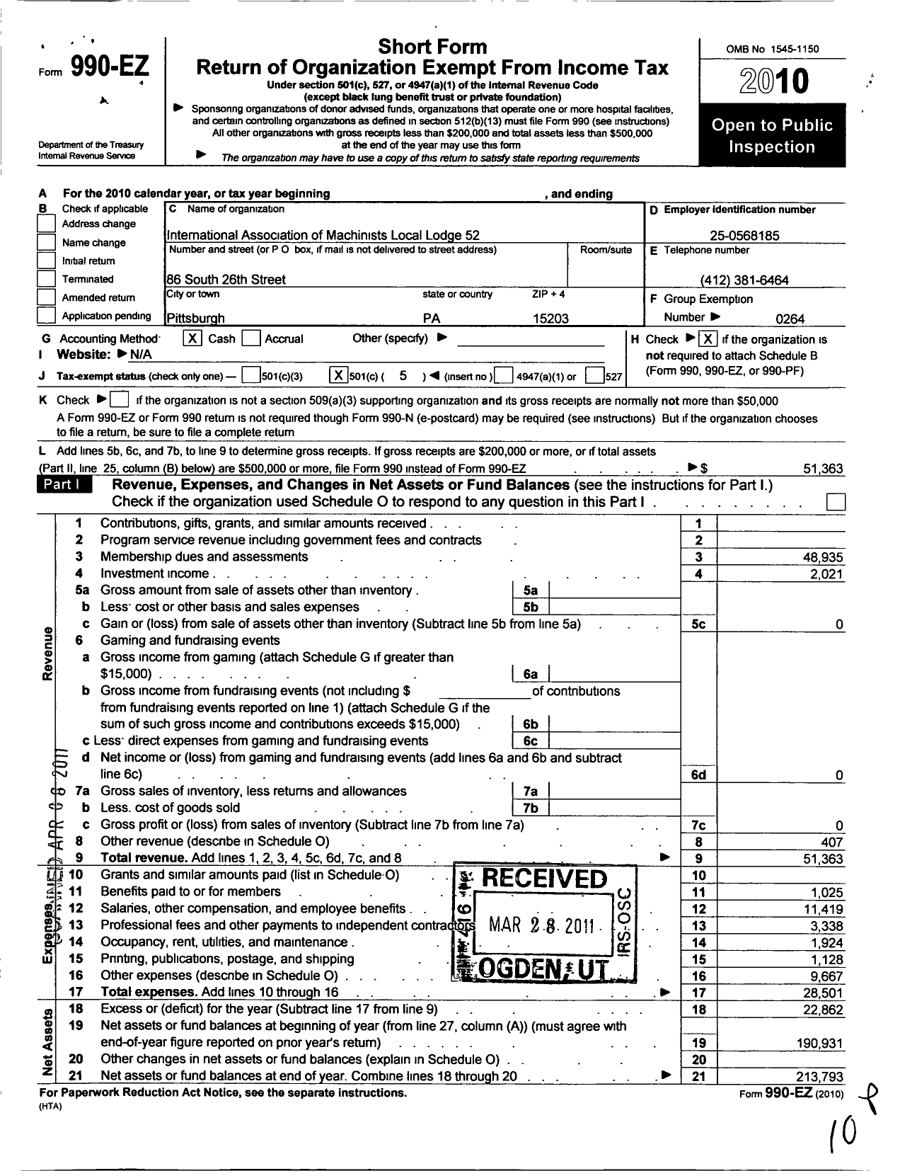 Image of first page of 2010 Form 990EO for International Association of Machinists and Aerospace Workers - 52 Lodge