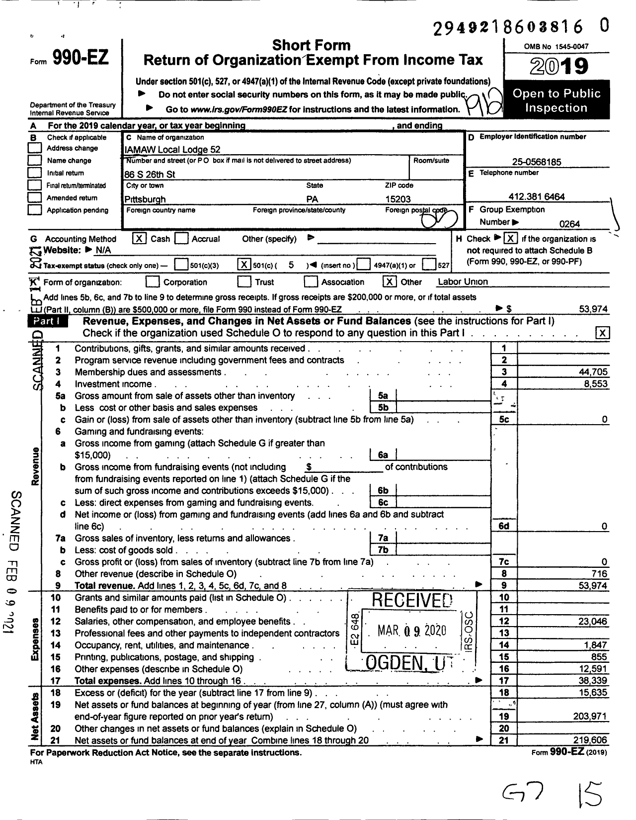 Image of first page of 2019 Form 990EO for International Association of Machinists and Aerospace Workers - 52 Lodge