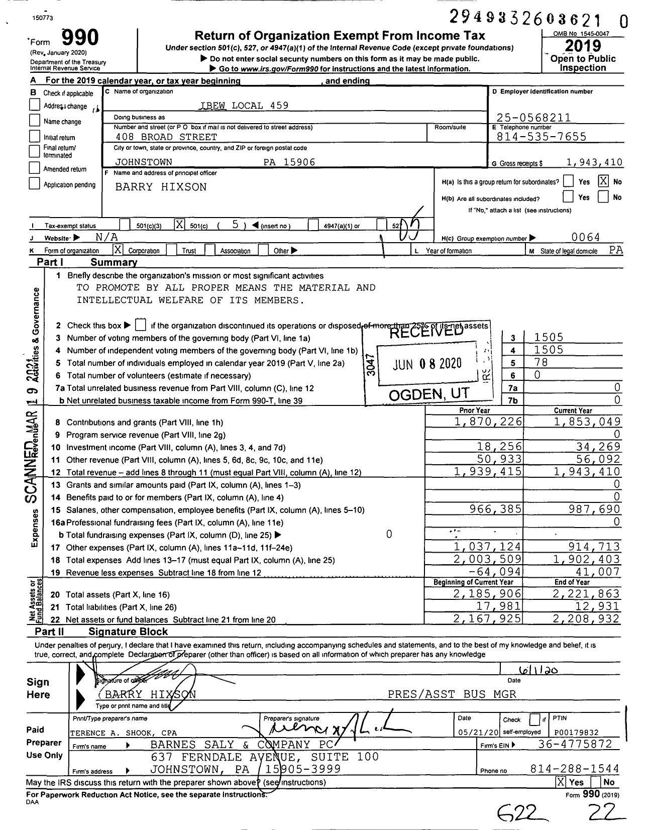 Image of first page of 2019 Form 990O for International Brotherhood of Electrical Workers - IBEW 459