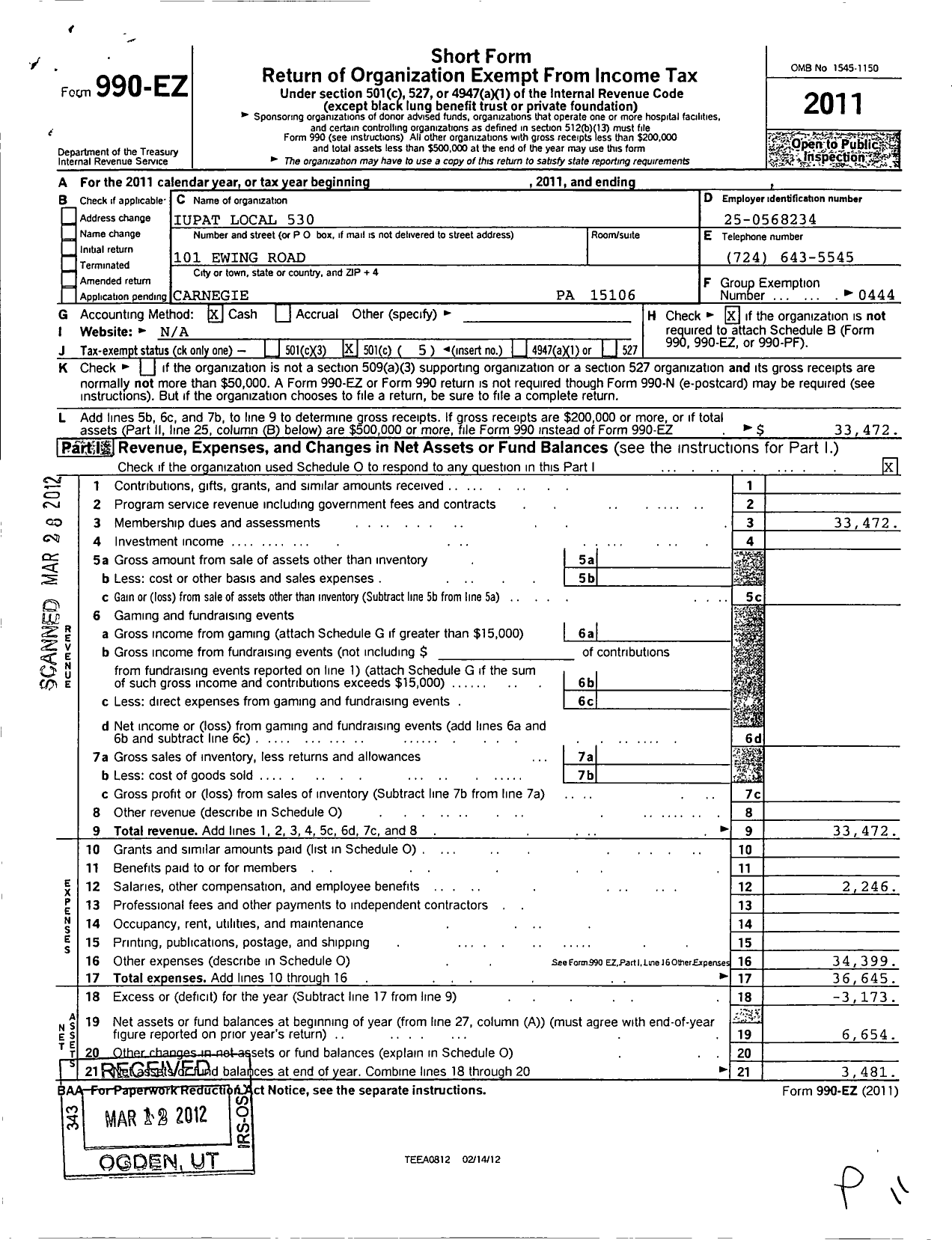 Image of first page of 2011 Form 990EO for International Union of Painters and Allied Trades - 530 Painters Local Union