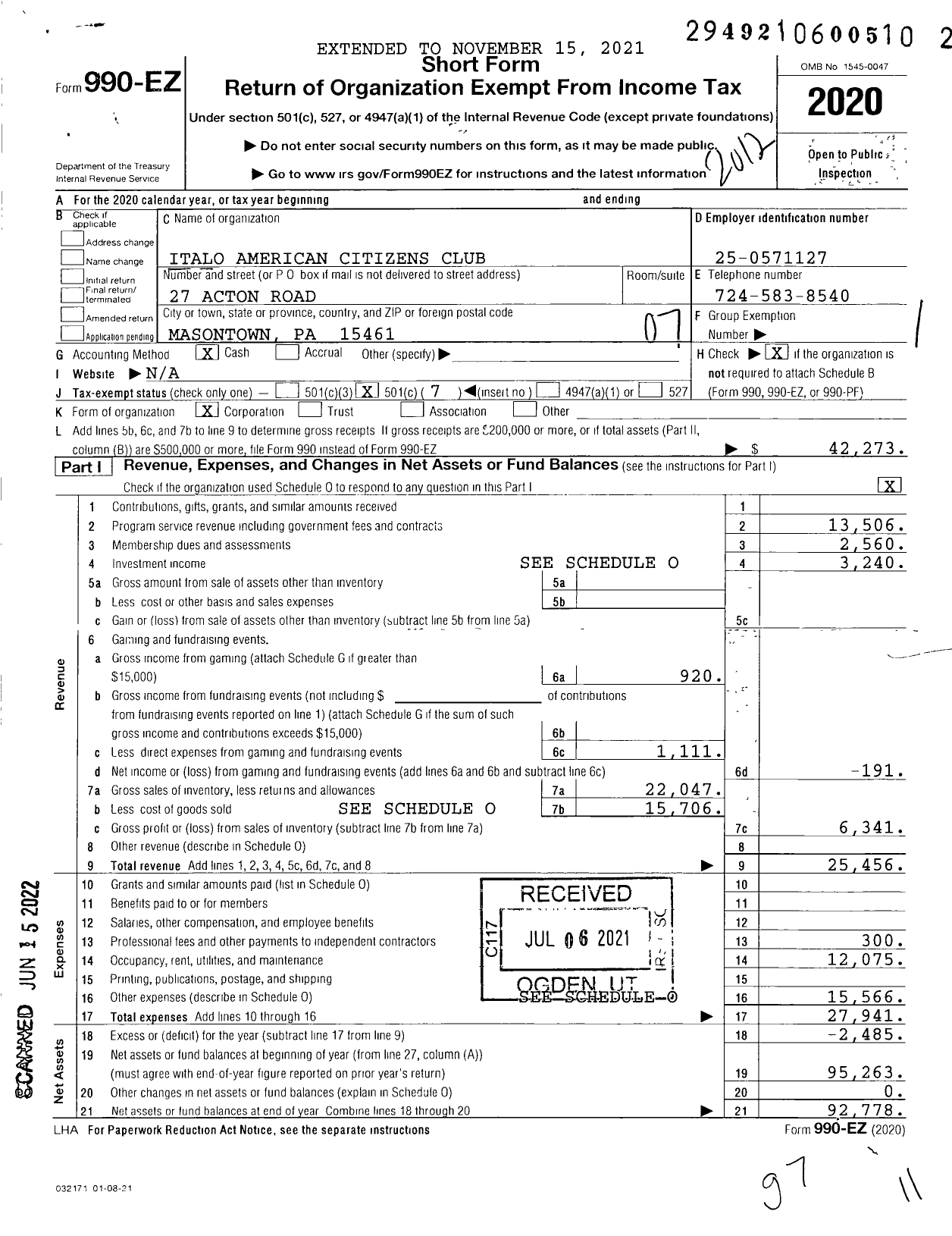 Image of first page of 2020 Form 990EO for Italo-American Citizens Club of Masontown