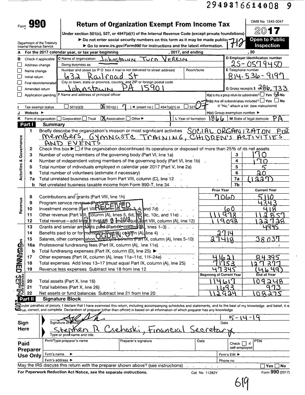 Image of first page of 2017 Form 990O for Johnstown Turn Verein