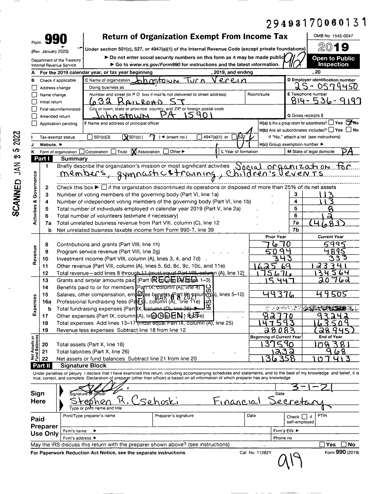 Image of first page of 2019 Form 990O for Johnstown Turn Verein