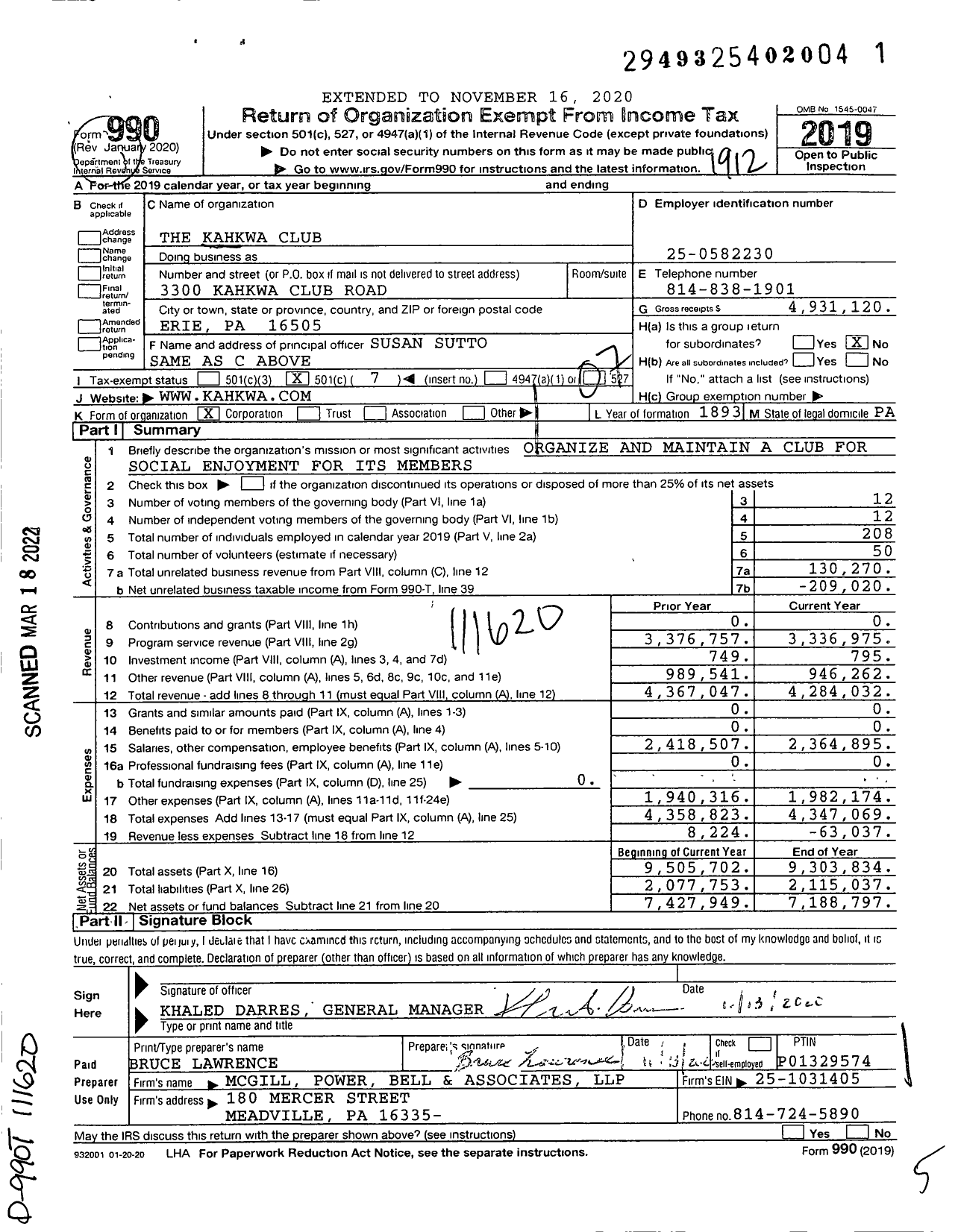 Image of first page of 2019 Form 990O for The Kahkwa Club