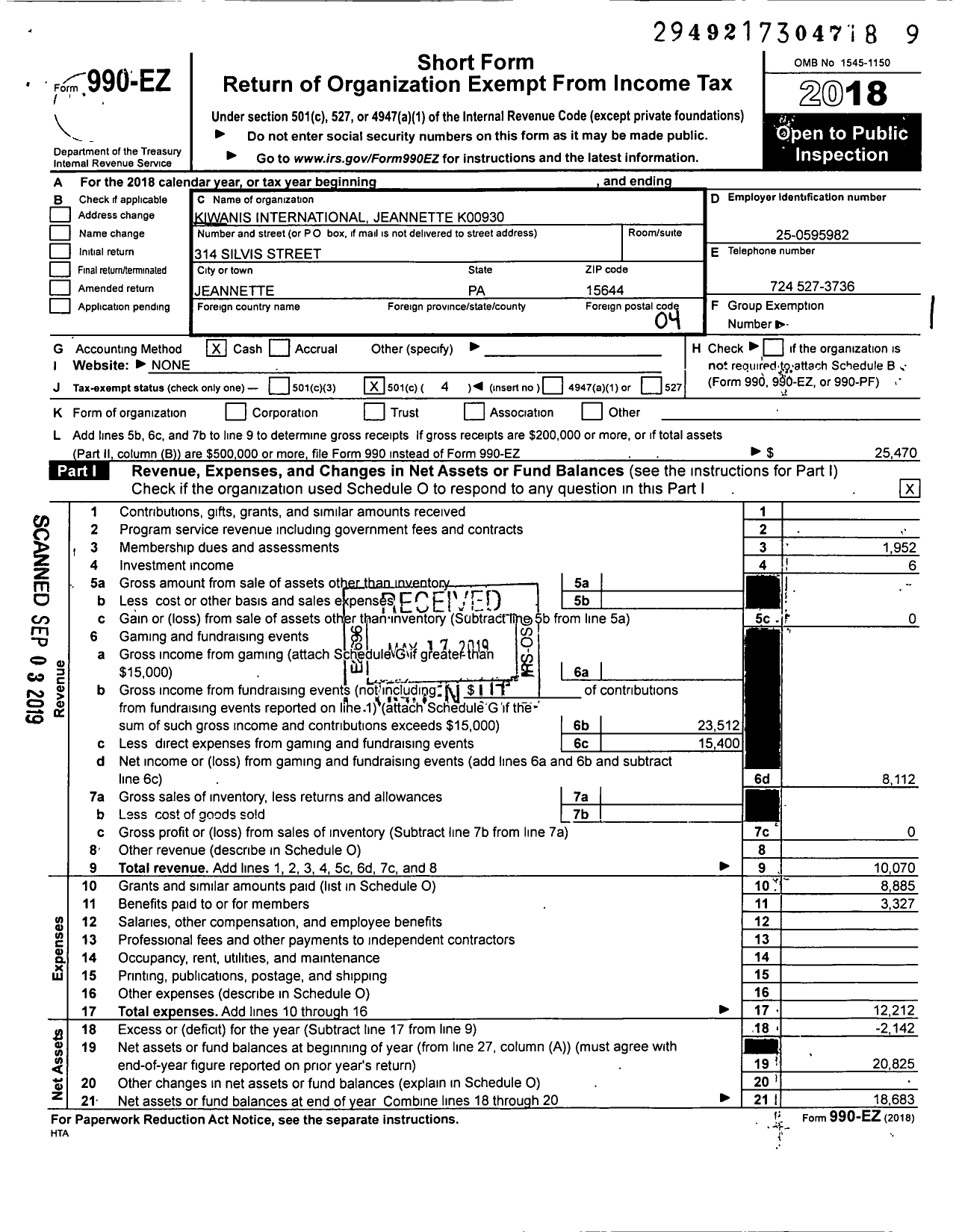 Image of first page of 2018 Form 990EO for Kiwanis International Jeannette K00930
