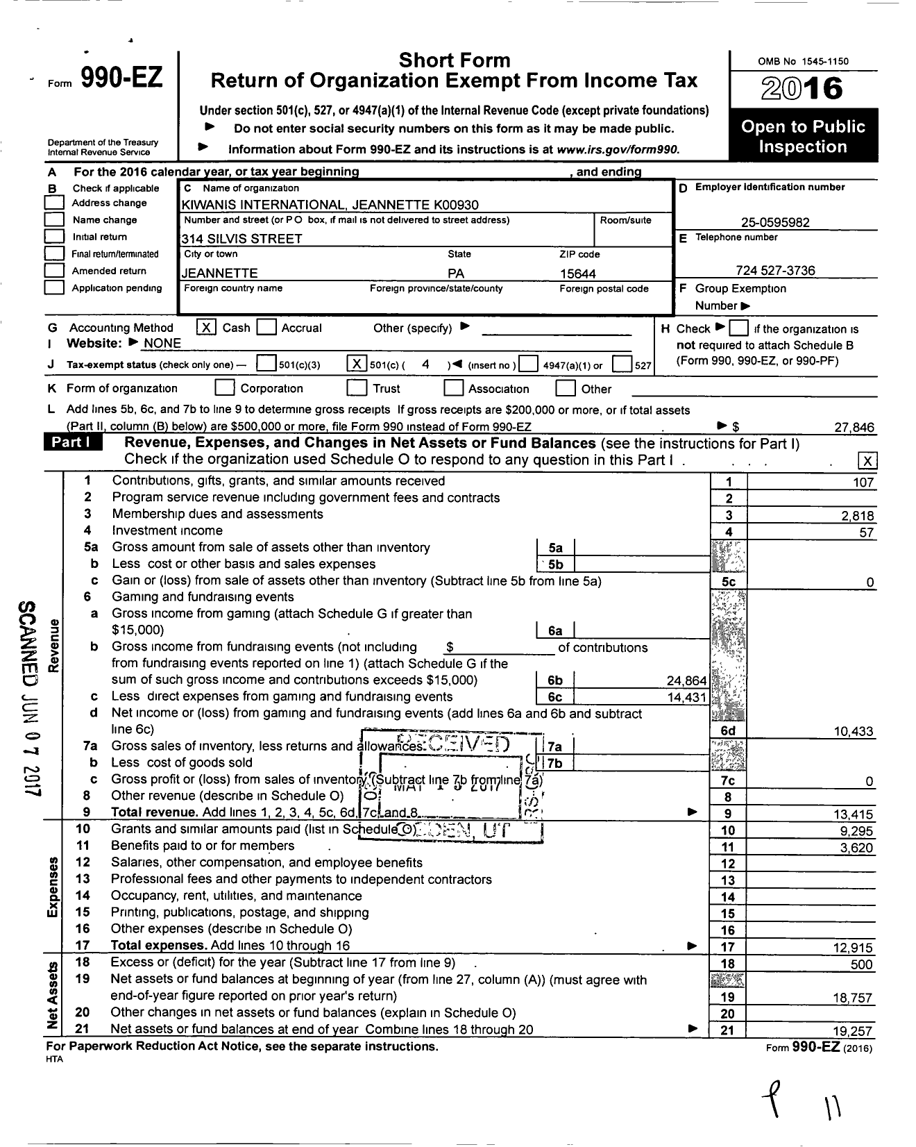 Image of first page of 2016 Form 990EO for Kiwanis International Jeannette K00930