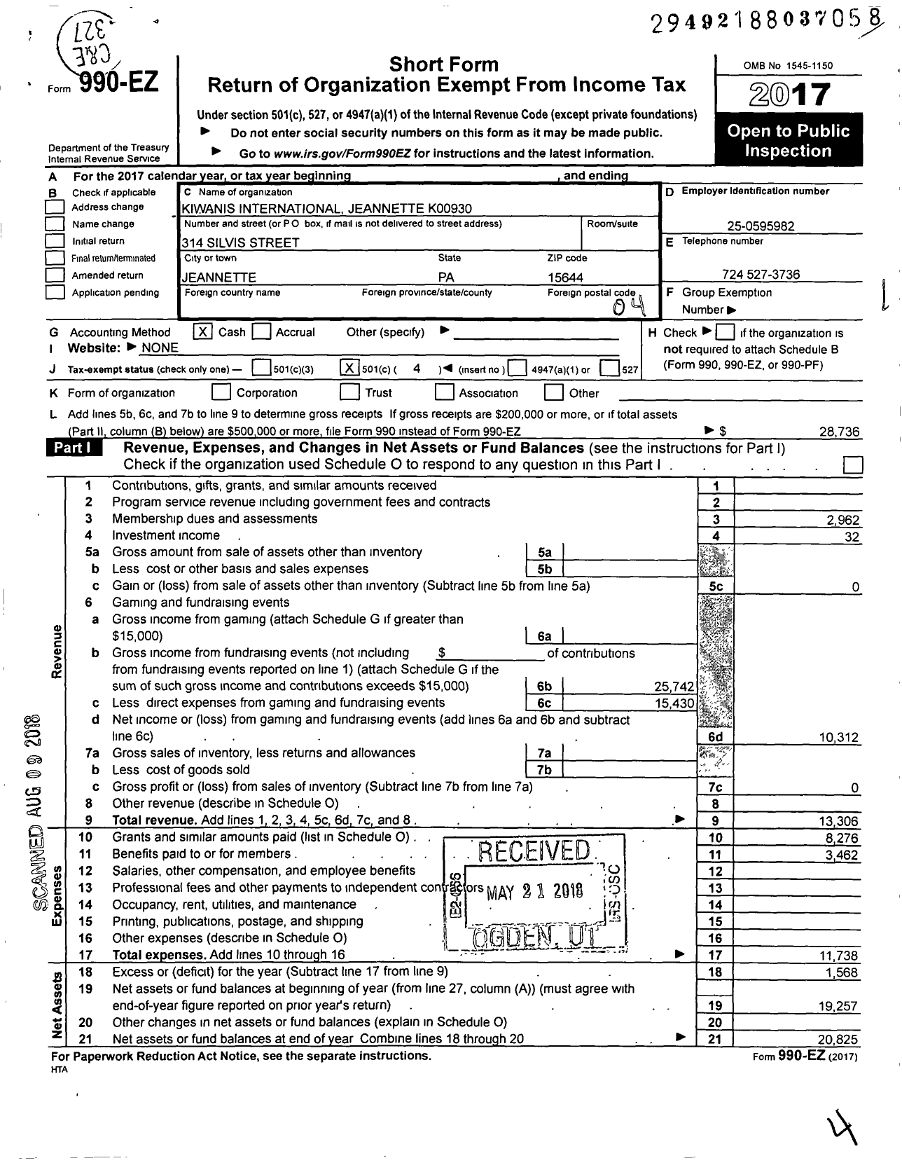 Image of first page of 2017 Form 990EO for Kiwanis International Jeannette K00930