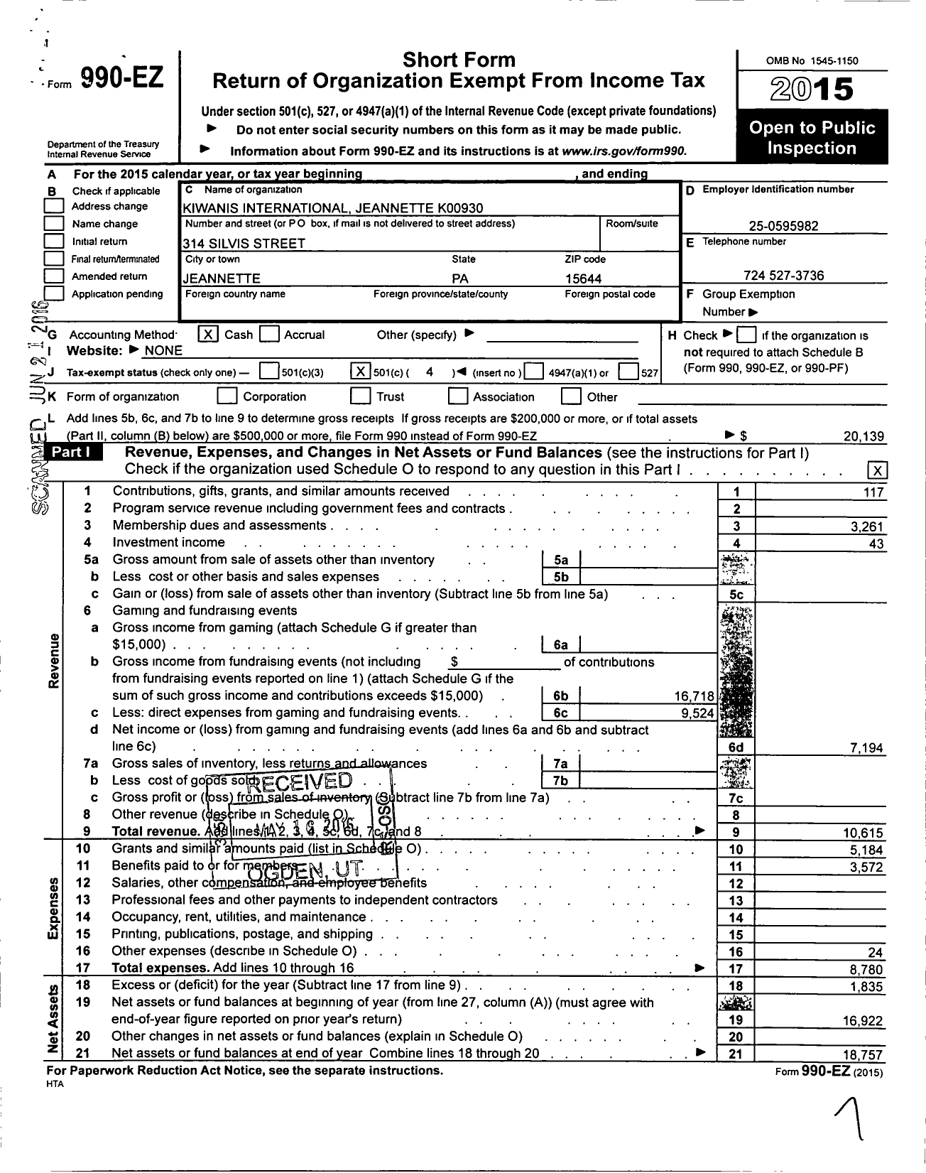 Image of first page of 2015 Form 990EO for Kiwanis International Jeannette K00930