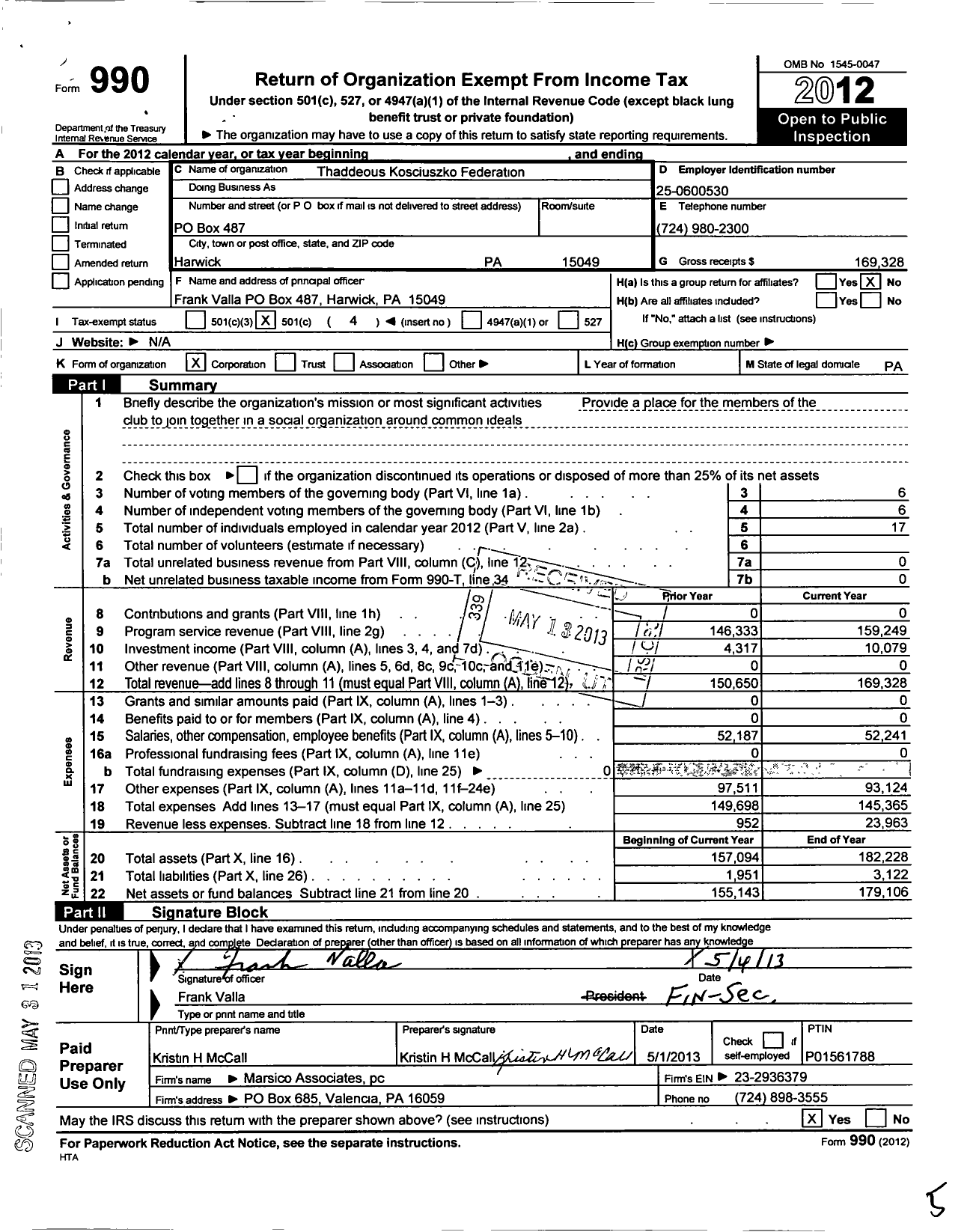 Image of first page of 2012 Form 990O for Thaddeus Kosciuszko Federation