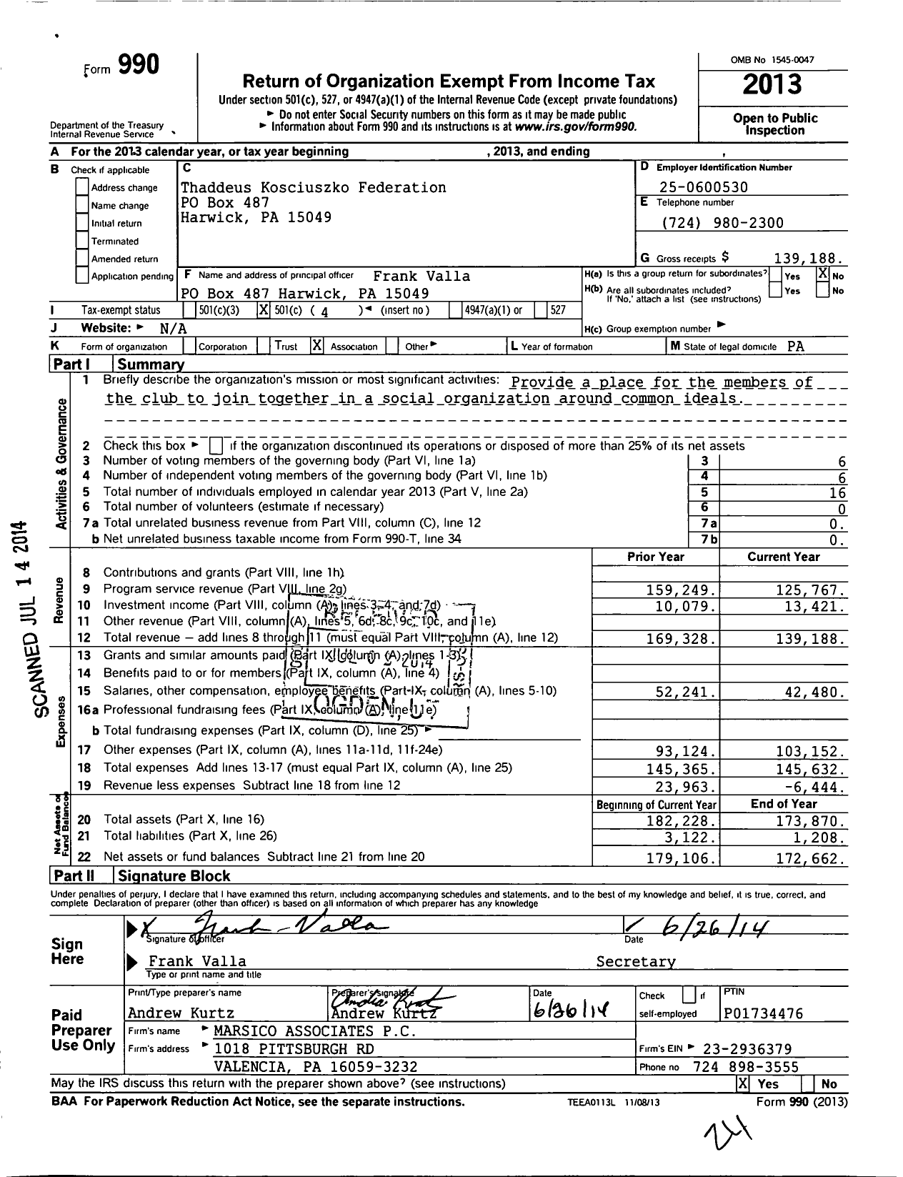 Image of first page of 2013 Form 990O for Thaddeus Kosciuszko Federation