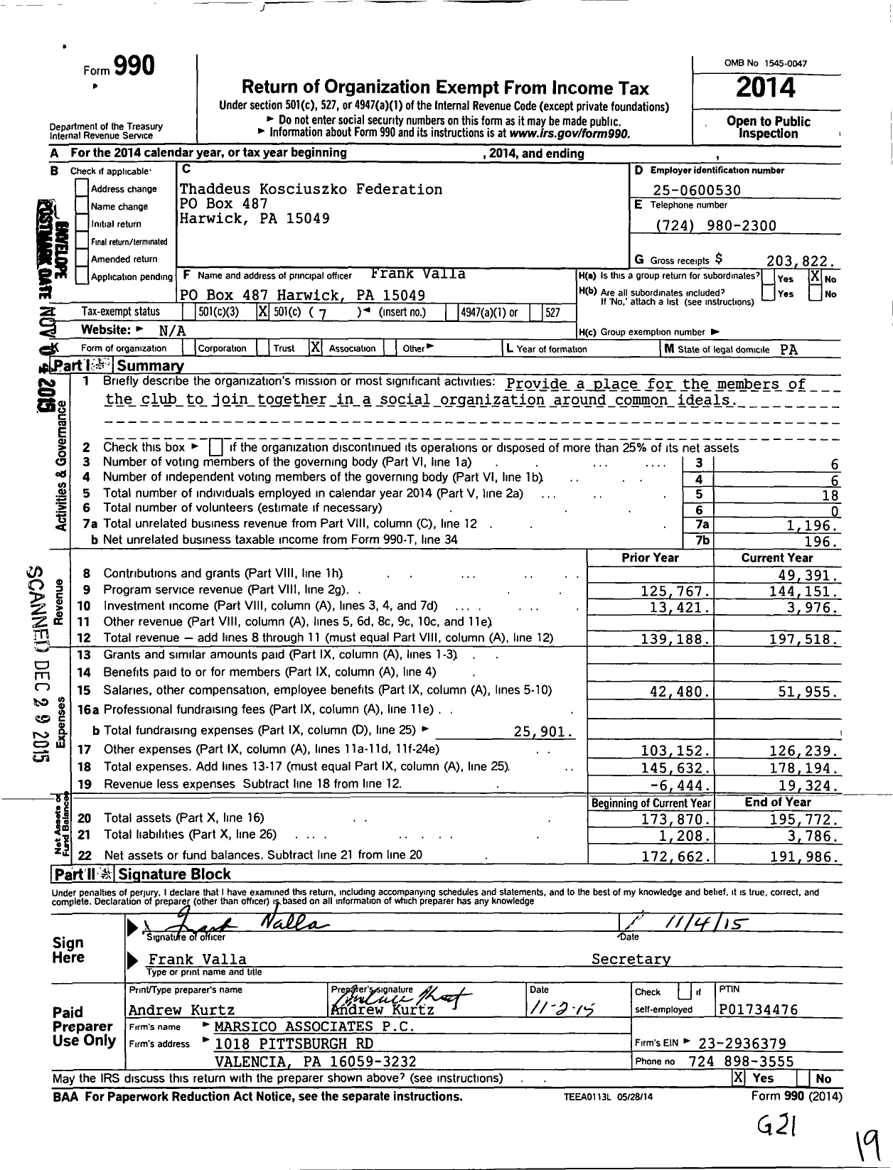 Image of first page of 2014 Form 990O for Thaddeus Kosciuszko Federation