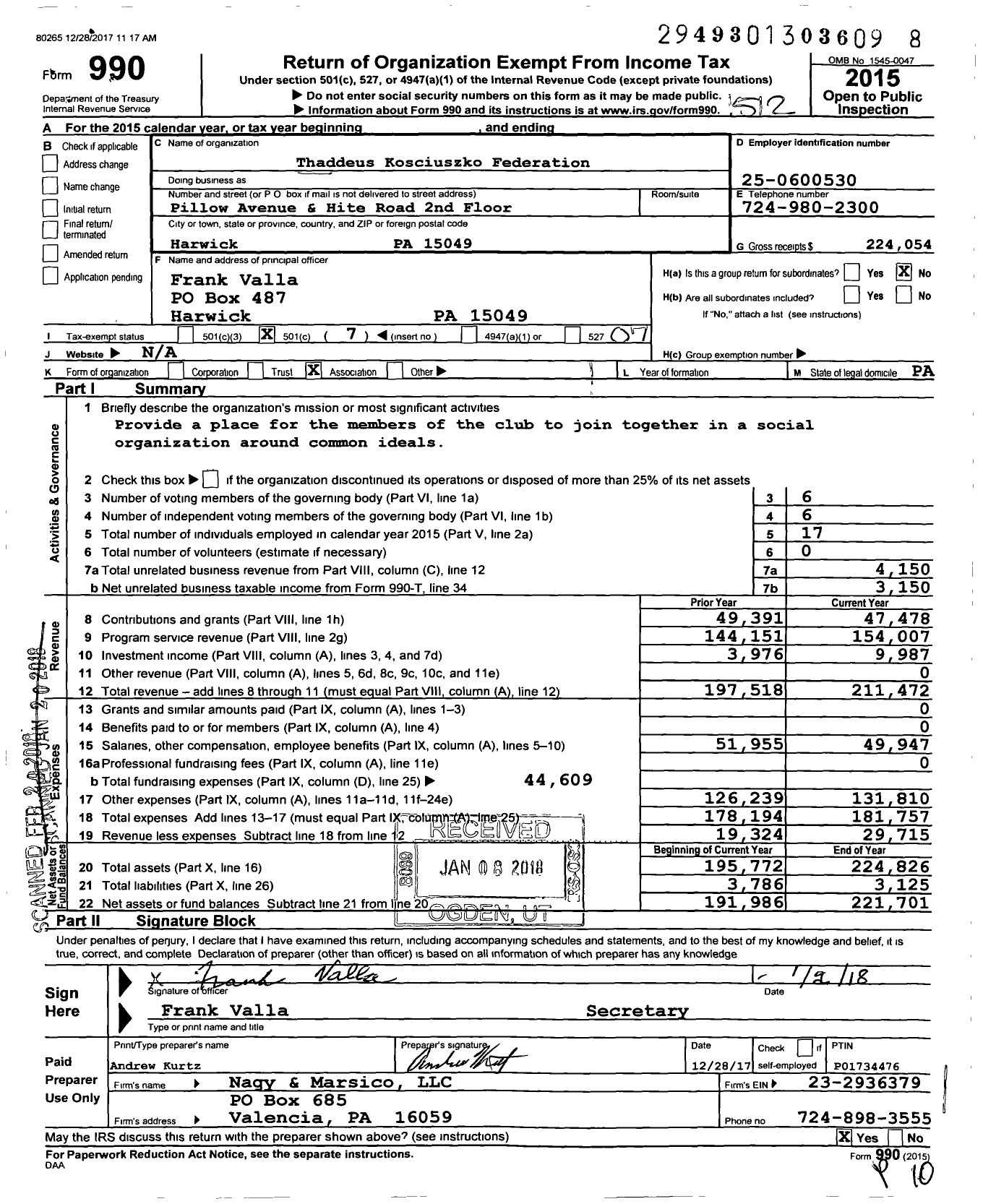 Image of first page of 2015 Form 990O for Thaddeus Kosciuszko Federation