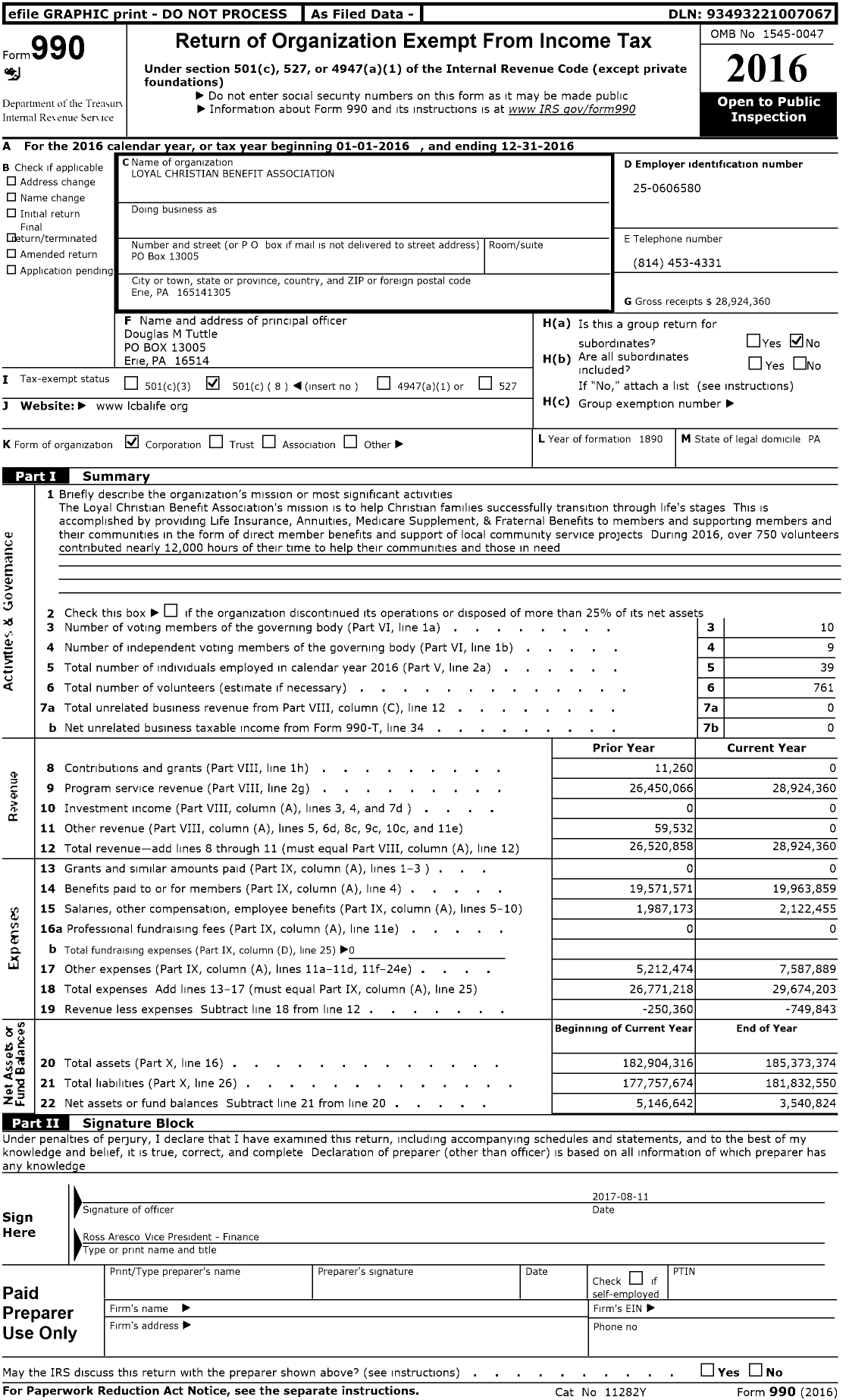 Image of first page of 2016 Form 990O for Loyal Christian Benefit Association
