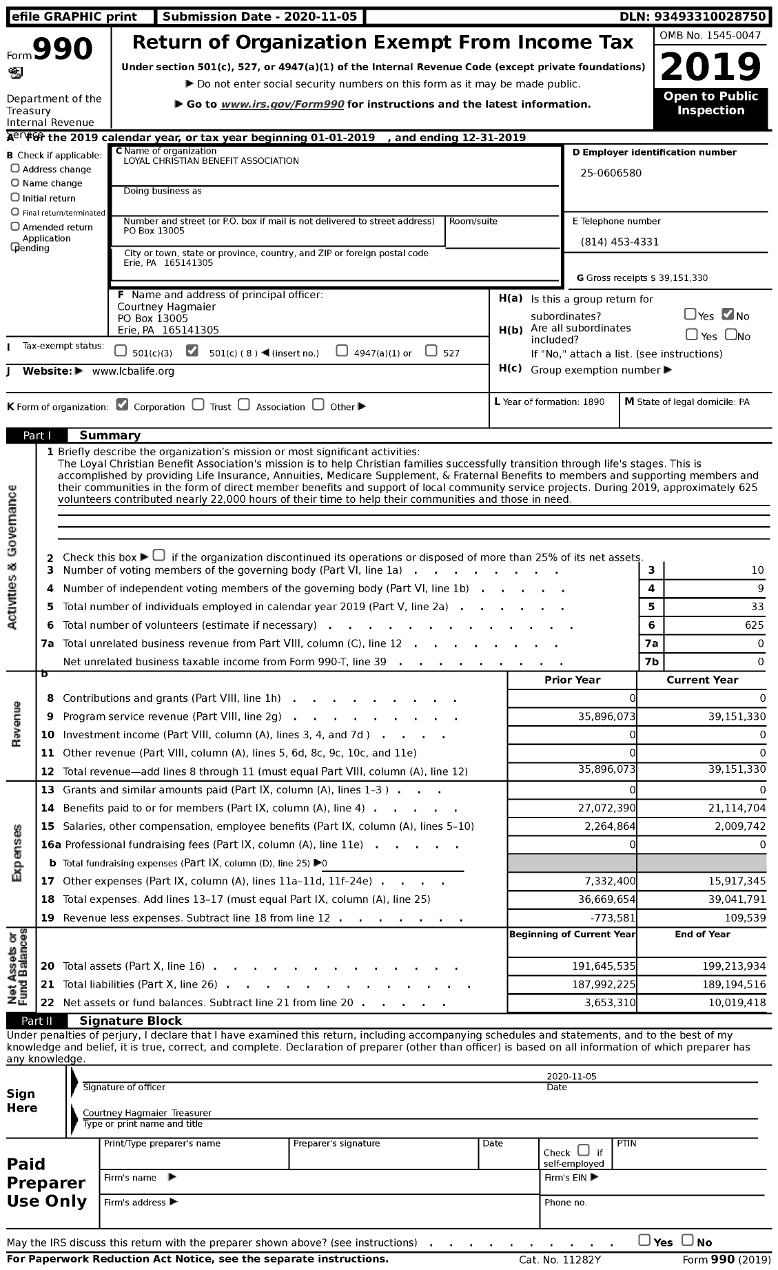 Image of first page of 2019 Form 990 for Loyal Christian Benefit Association