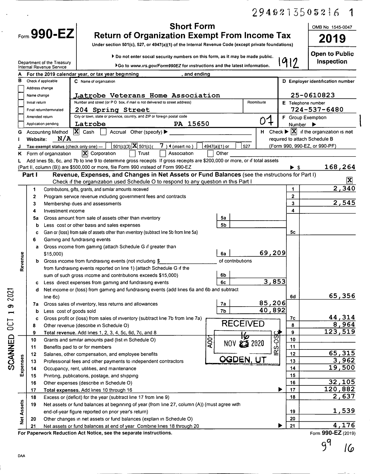 Image of first page of 2019 Form 990EO for Latrobe Veterans Home Association