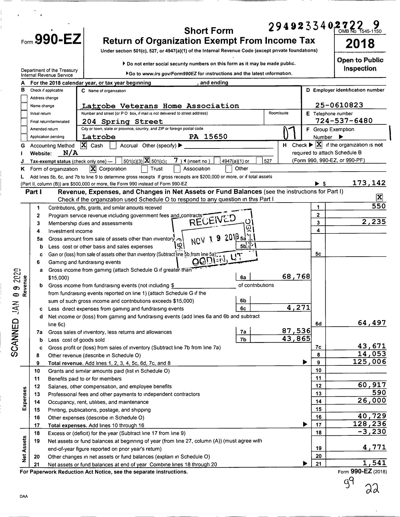 Image of first page of 2018 Form 990EO for Latrobe Veterans Home Association