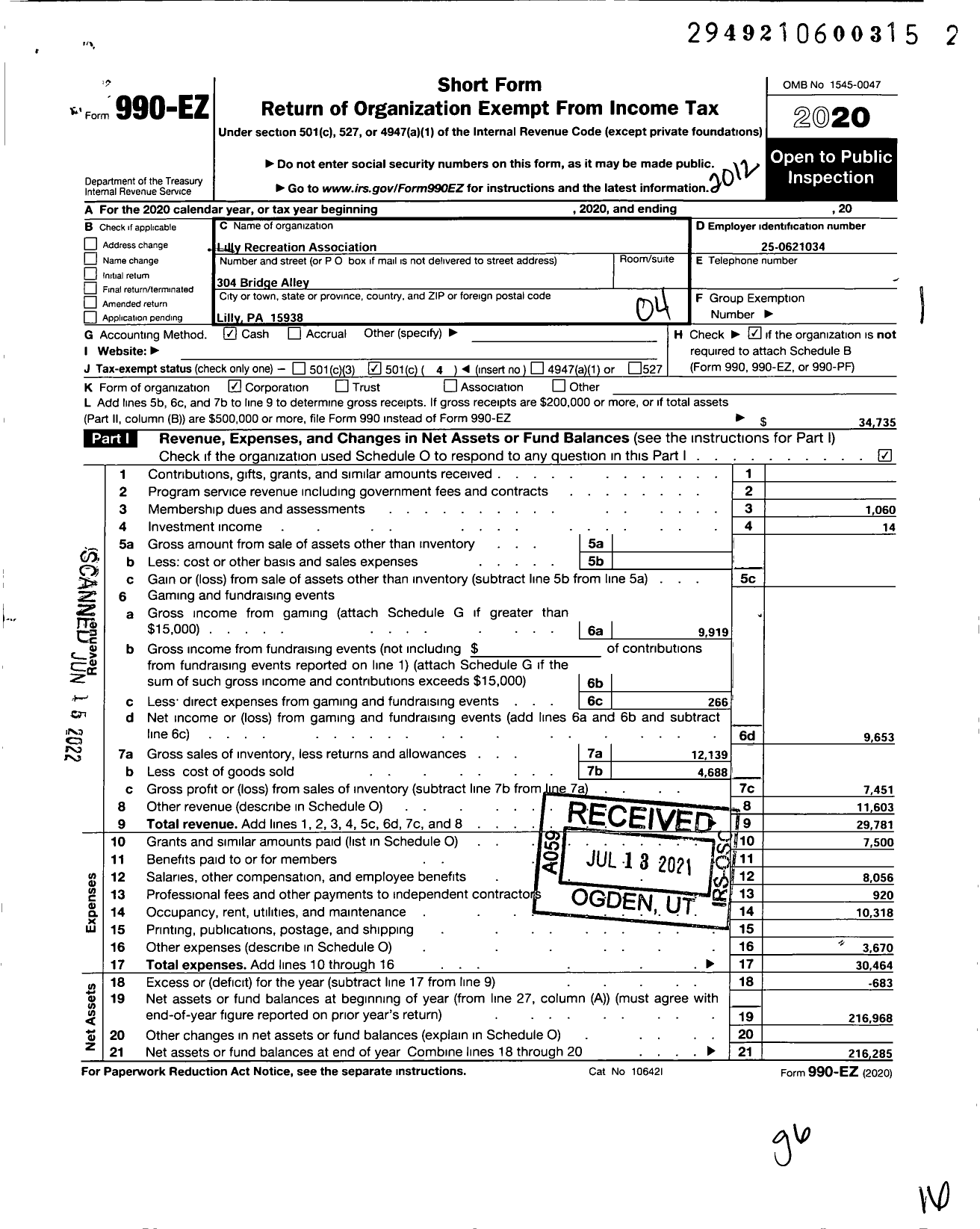 Image of first page of 2020 Form 990EO for Lilly Recreation Association