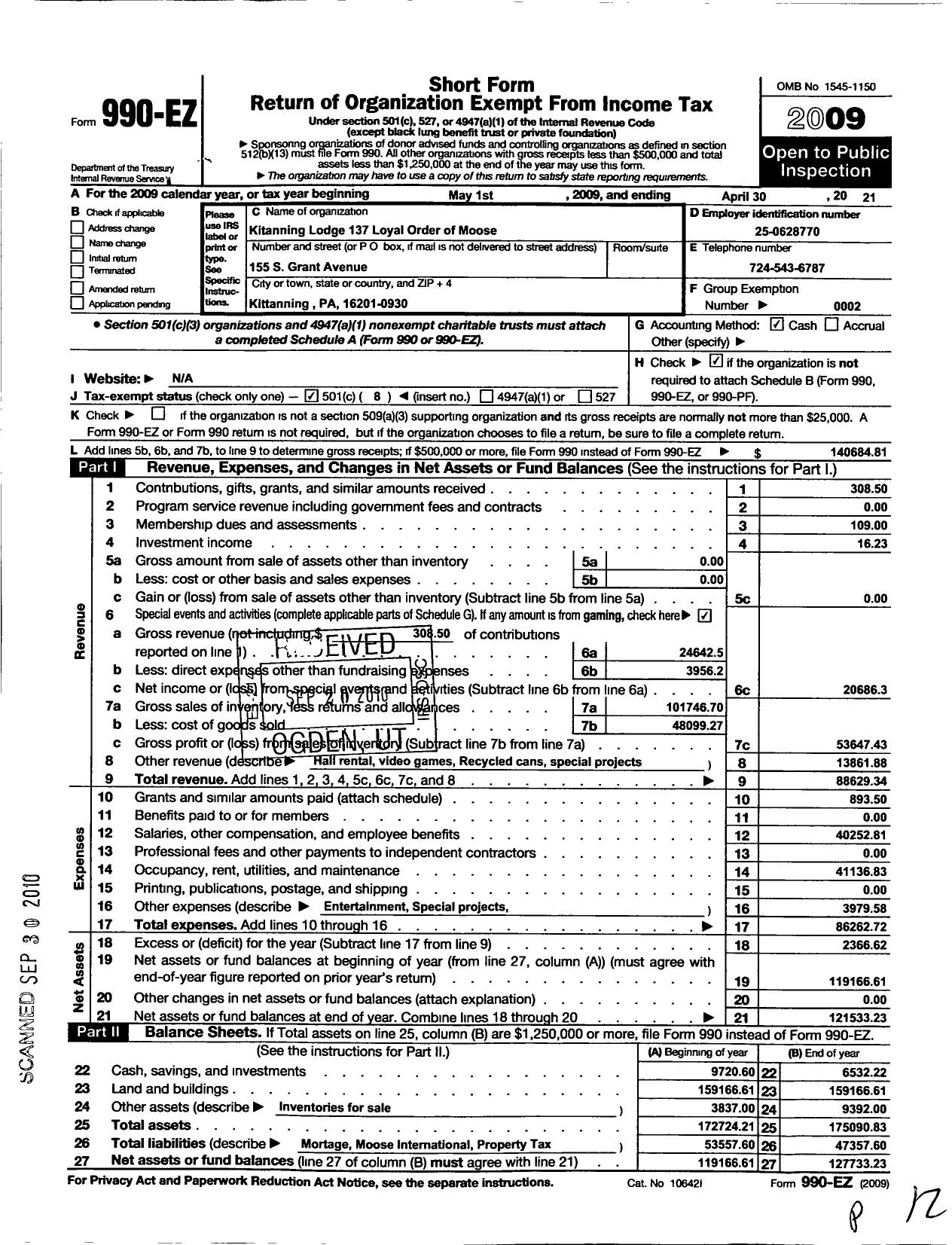 Image of first page of 2020 Form 990EO for Loyal Order of Moose - 137