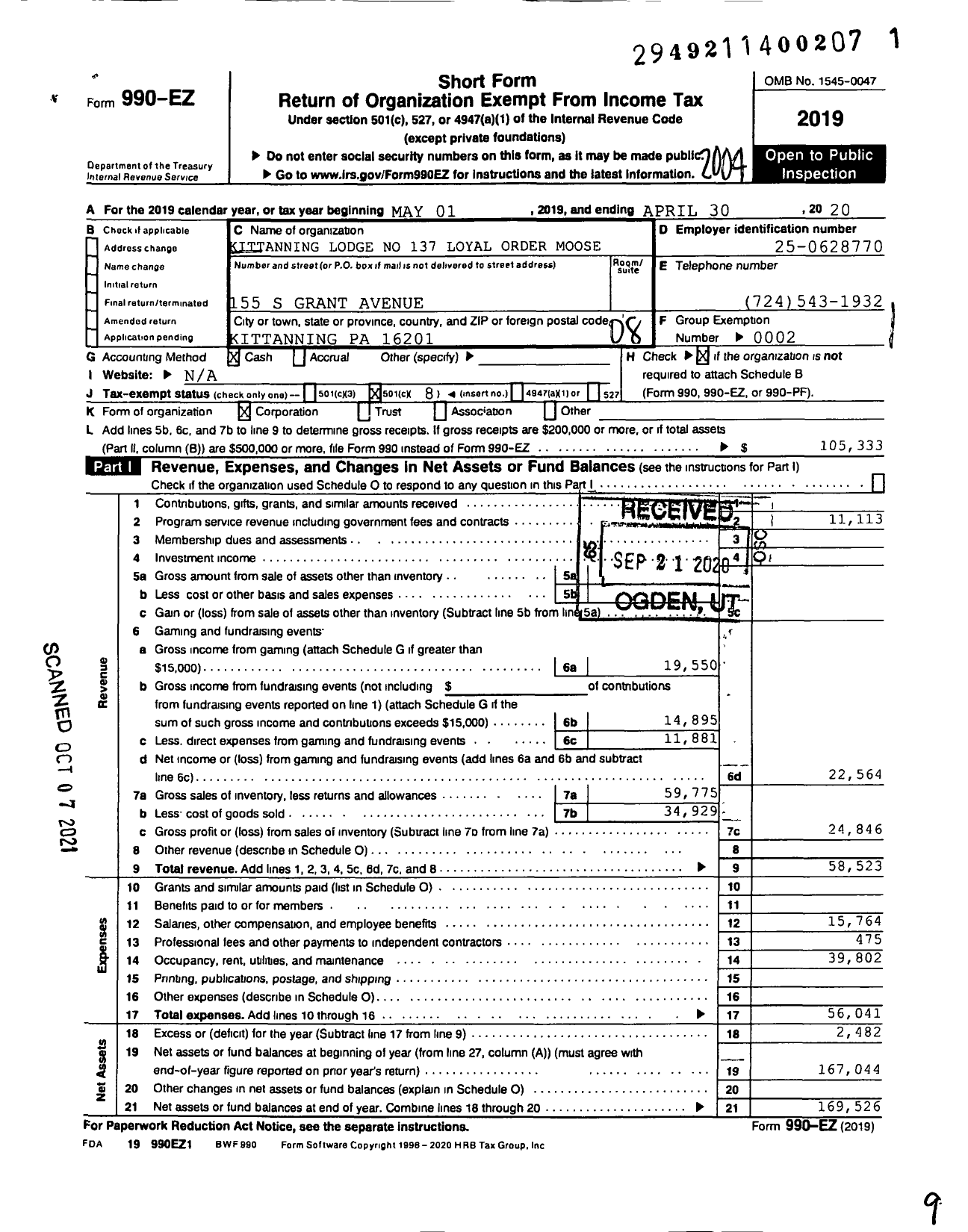 Image of first page of 2019 Form 990EO for Loyal Order of Moose - 137