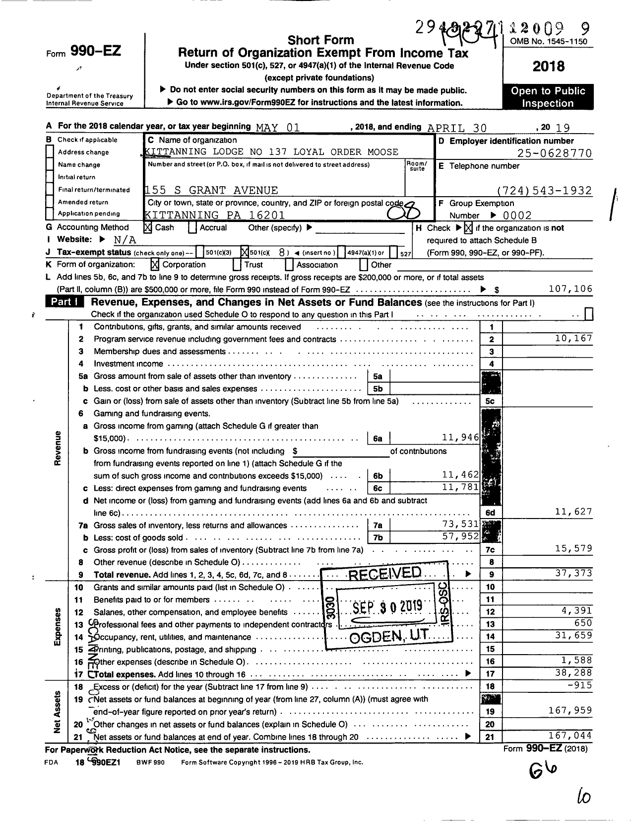 Image of first page of 2018 Form 990EO for Loyal Order of Moose - 137