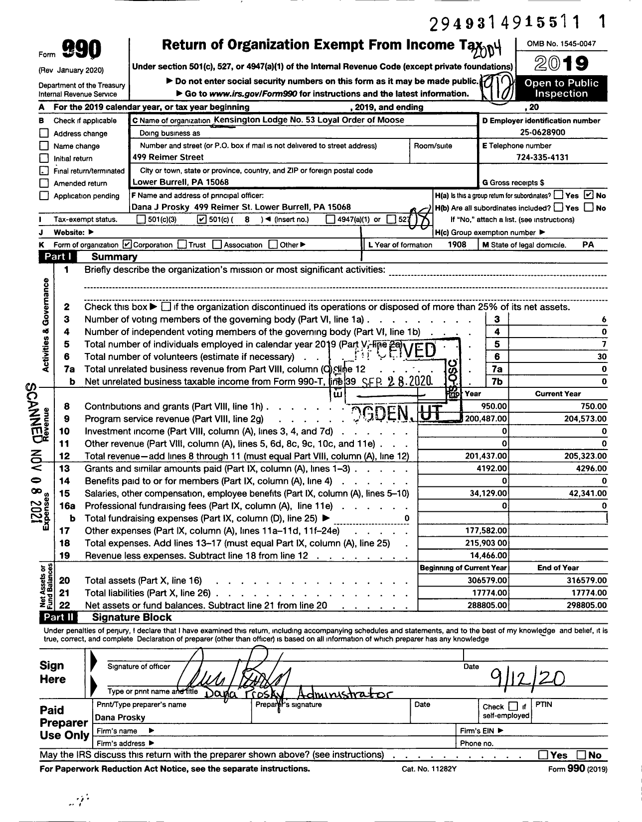 Image of first page of 2019 Form 990O for Loyal Order of Moose - 53