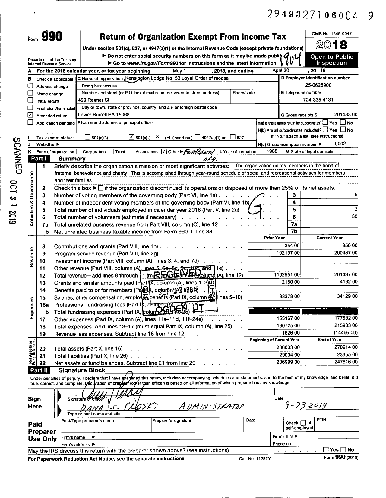 Image of first page of 2018 Form 990O for Loyal Order of Moose - 53