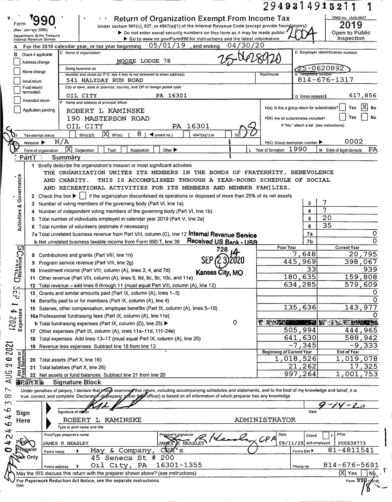 Image of first page of 2019 Form 990O for Loyal order of Moose - 78