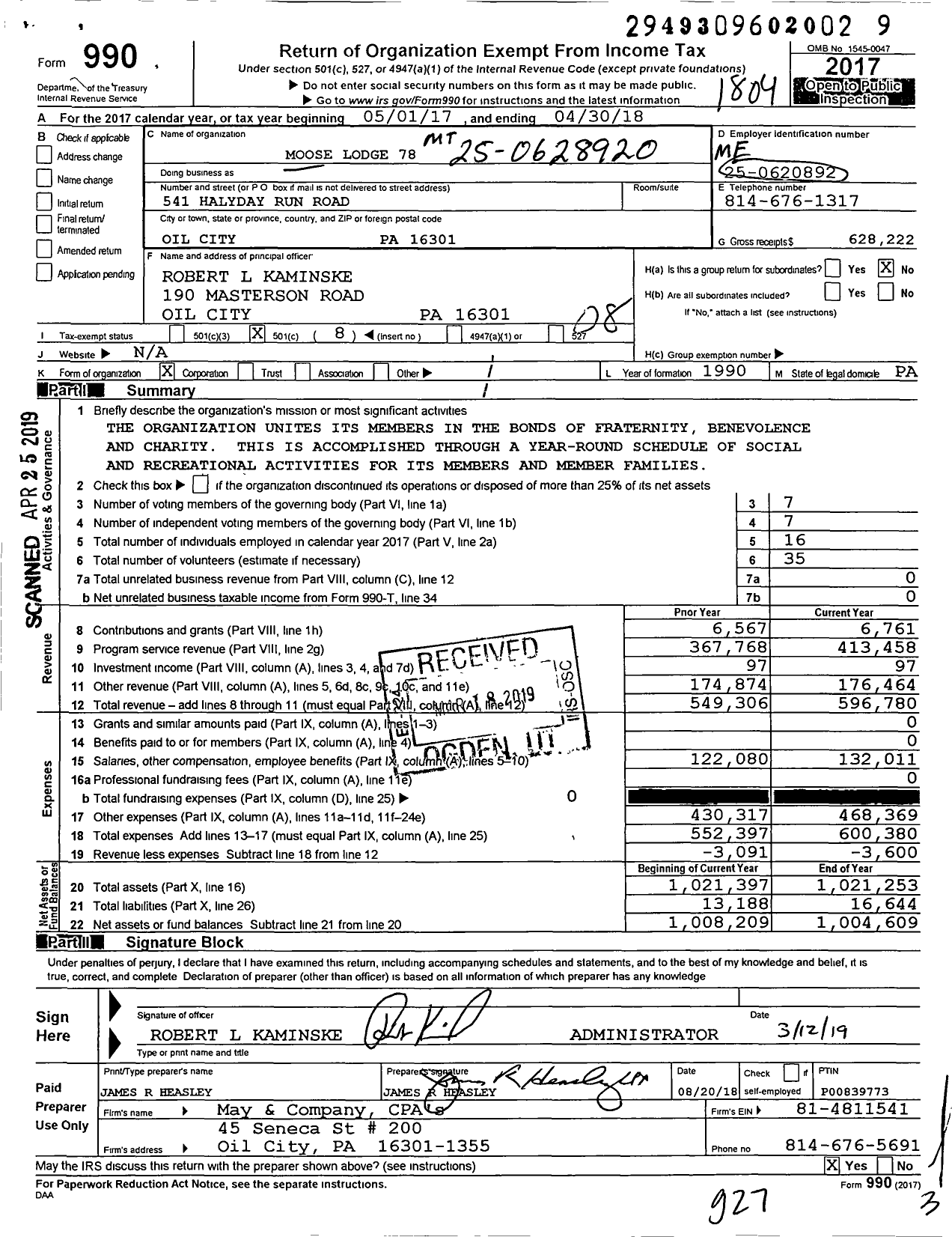 Image of first page of 2017 Form 990O for Loyal order of Moose - 78