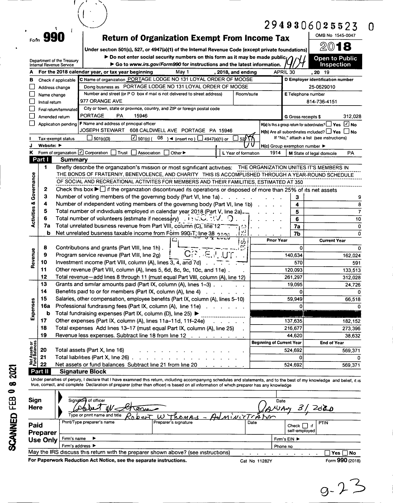 Image of first page of 2018 Form 990O for Loyal Order of Moose - Portage Lodge No 131 Loyal Order of Moose (131)