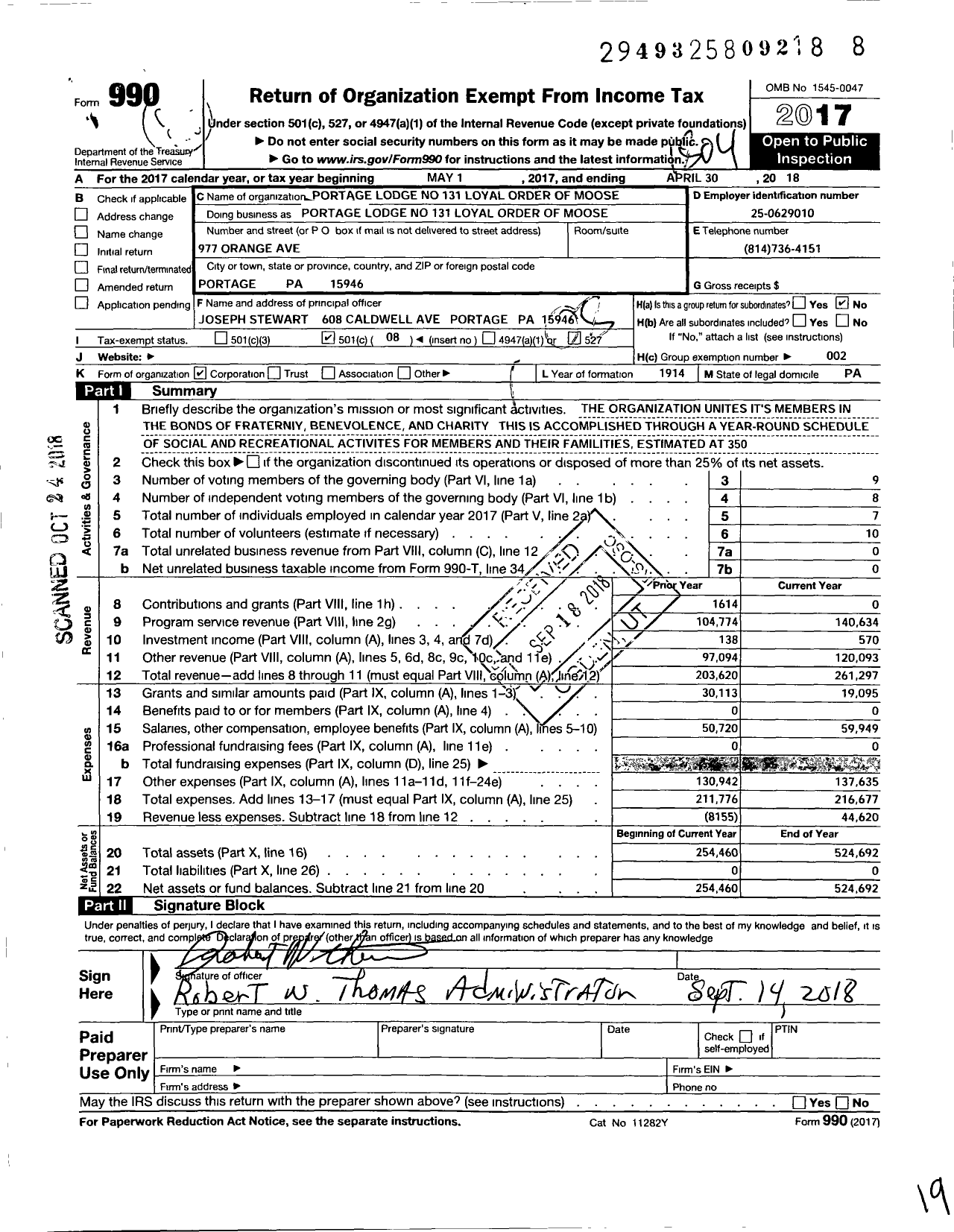 Image of first page of 2017 Form 990O for Loyal Order of Moose - Portage Lodge No 131 Loyal Order of Moose (131)