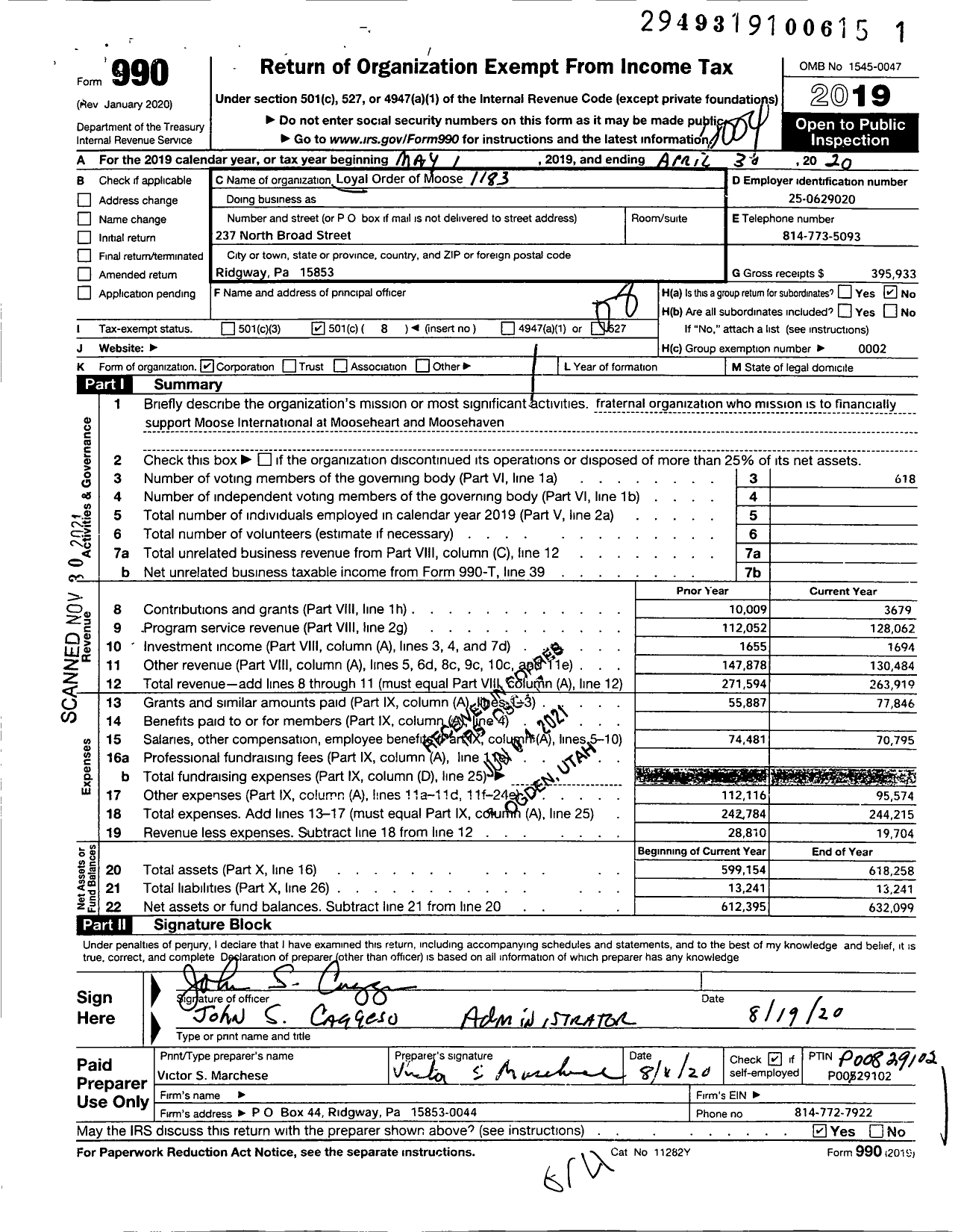 Image of first page of 2019 Form 990O for Loyal Order of Moose - 1183